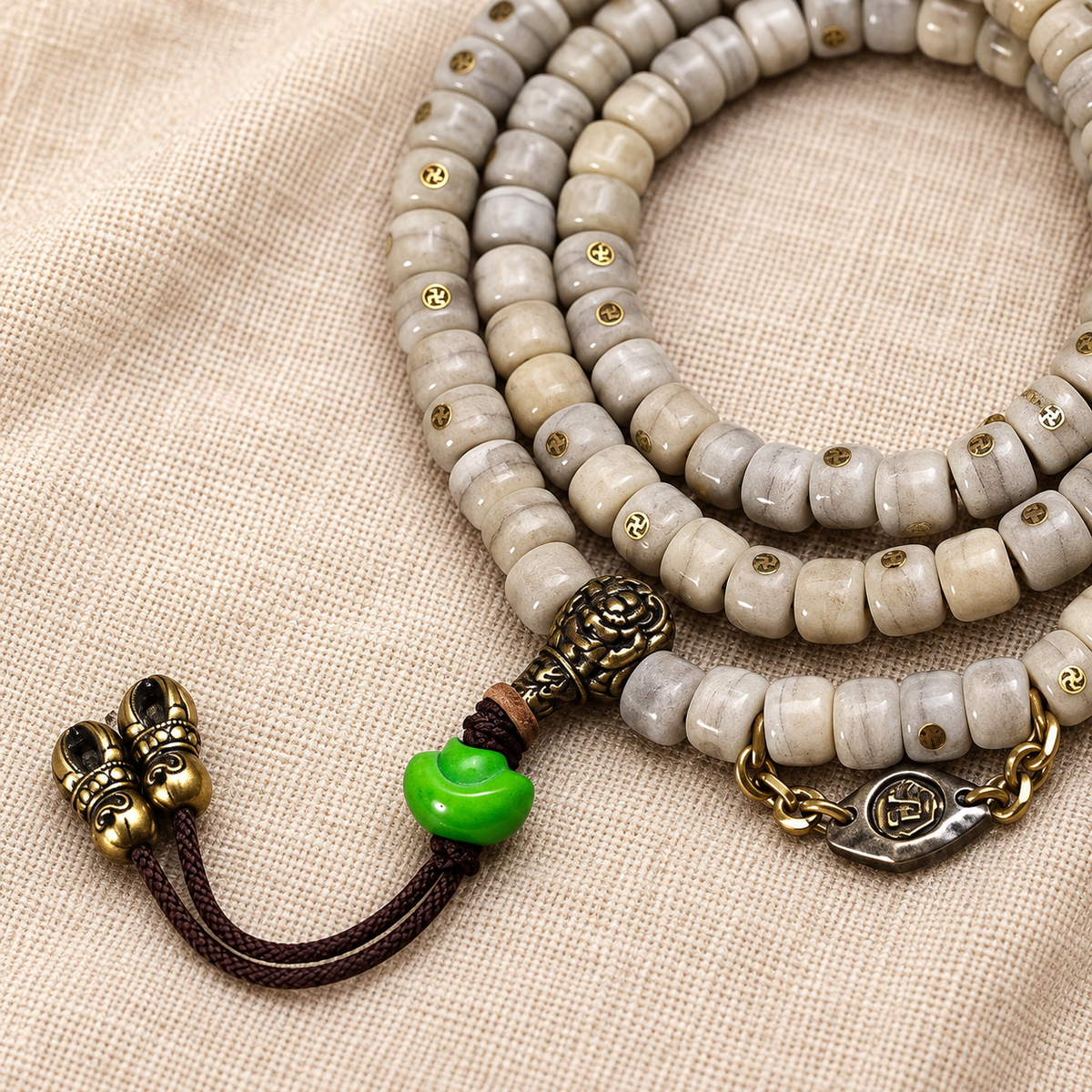 EverestArtstudios Vintage Yak Bone Antique Copper Auspicious Wan 108-Bead Mala — pendant detail