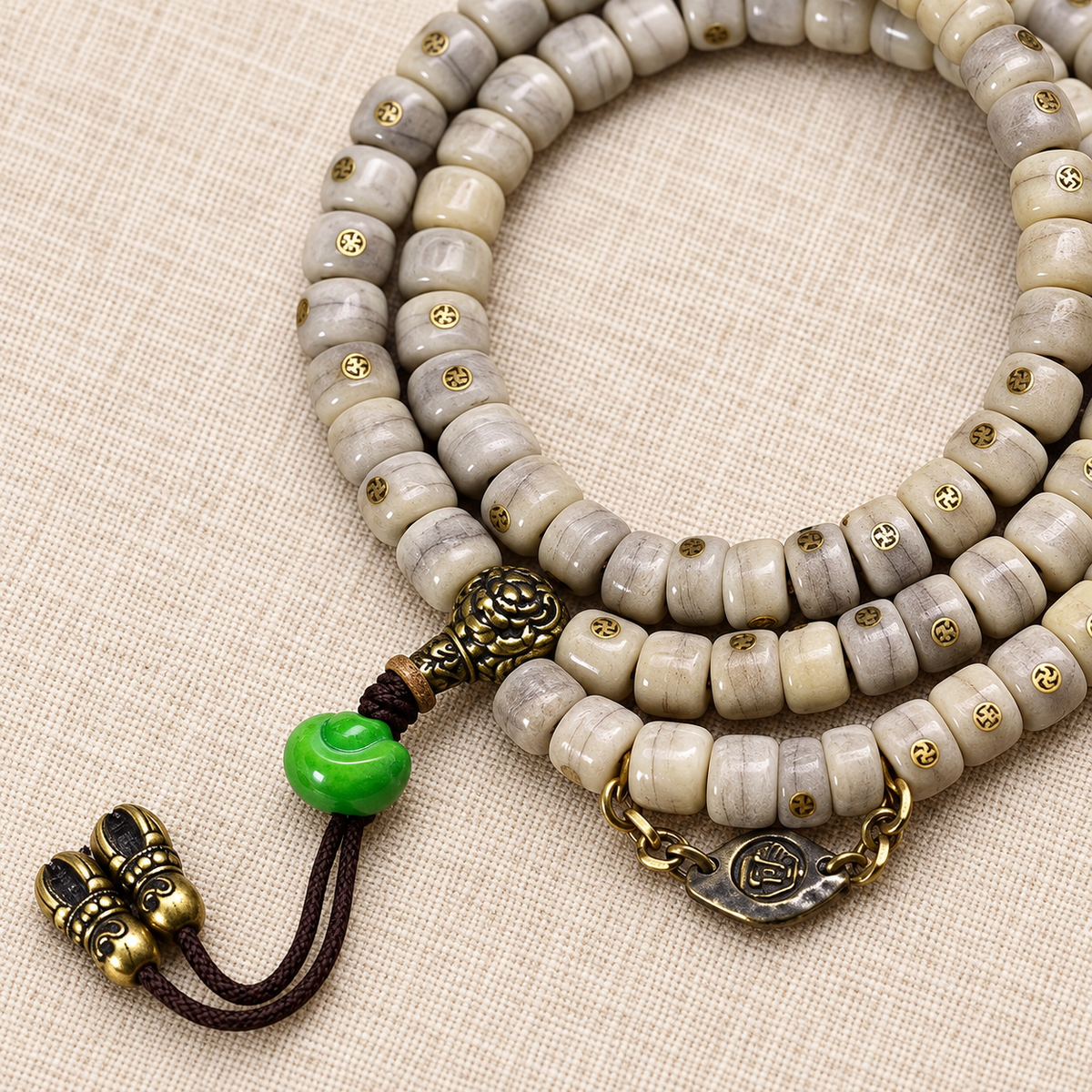 EverestArtstudios Vintage Yak Bone Antique Copper Auspicious Wan 108-Bead Mala — accent detail