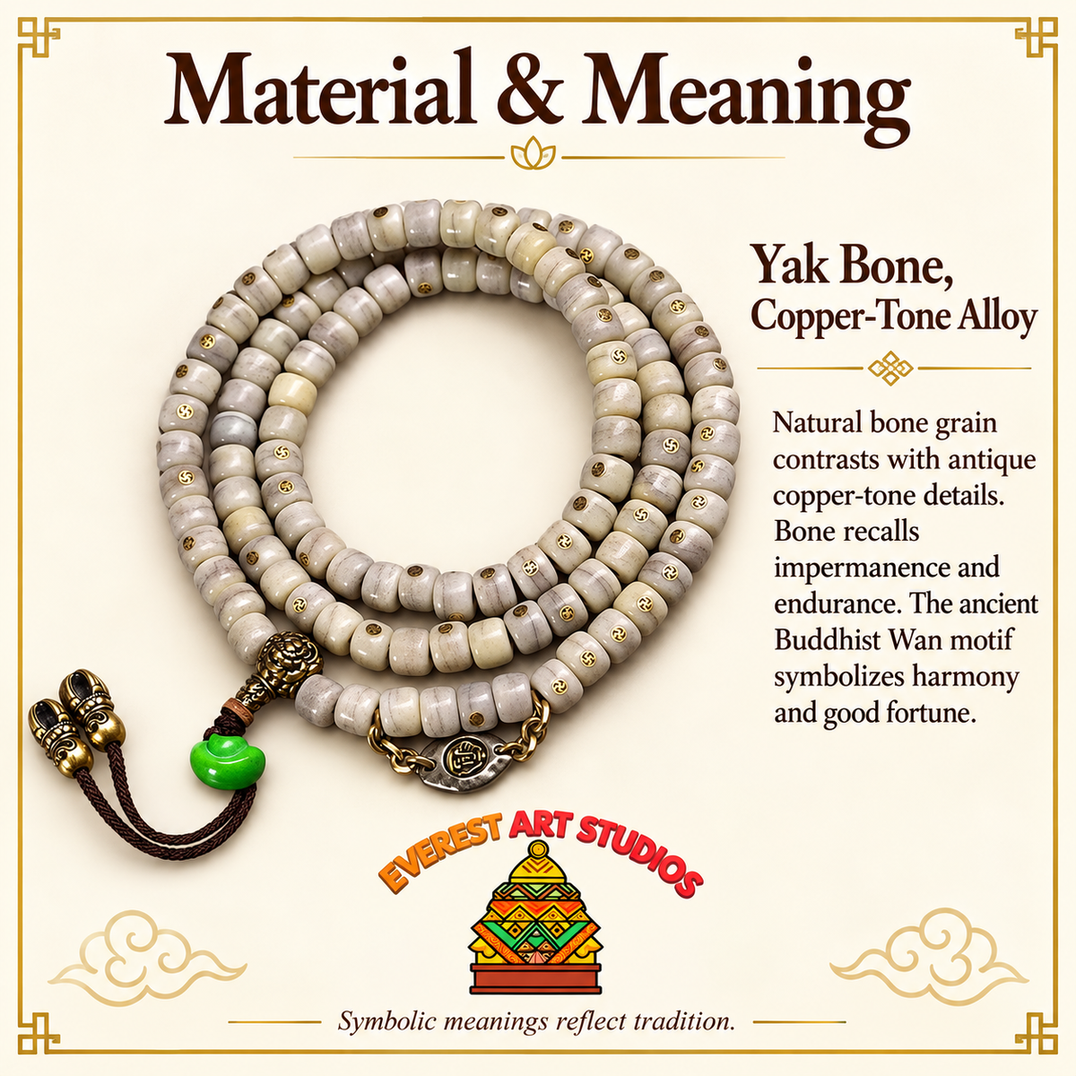 EverestArtstudios Vintage Yak Bone Antique Copper Auspicious Wan 108-Bead Mala — materials meaning