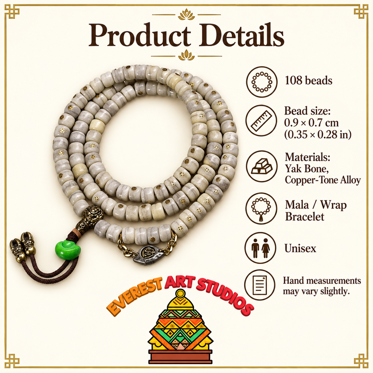 EverestArtstudios Vintage Yak Bone Antique Copper Auspicious Wan 108-Bead Mala — specifications