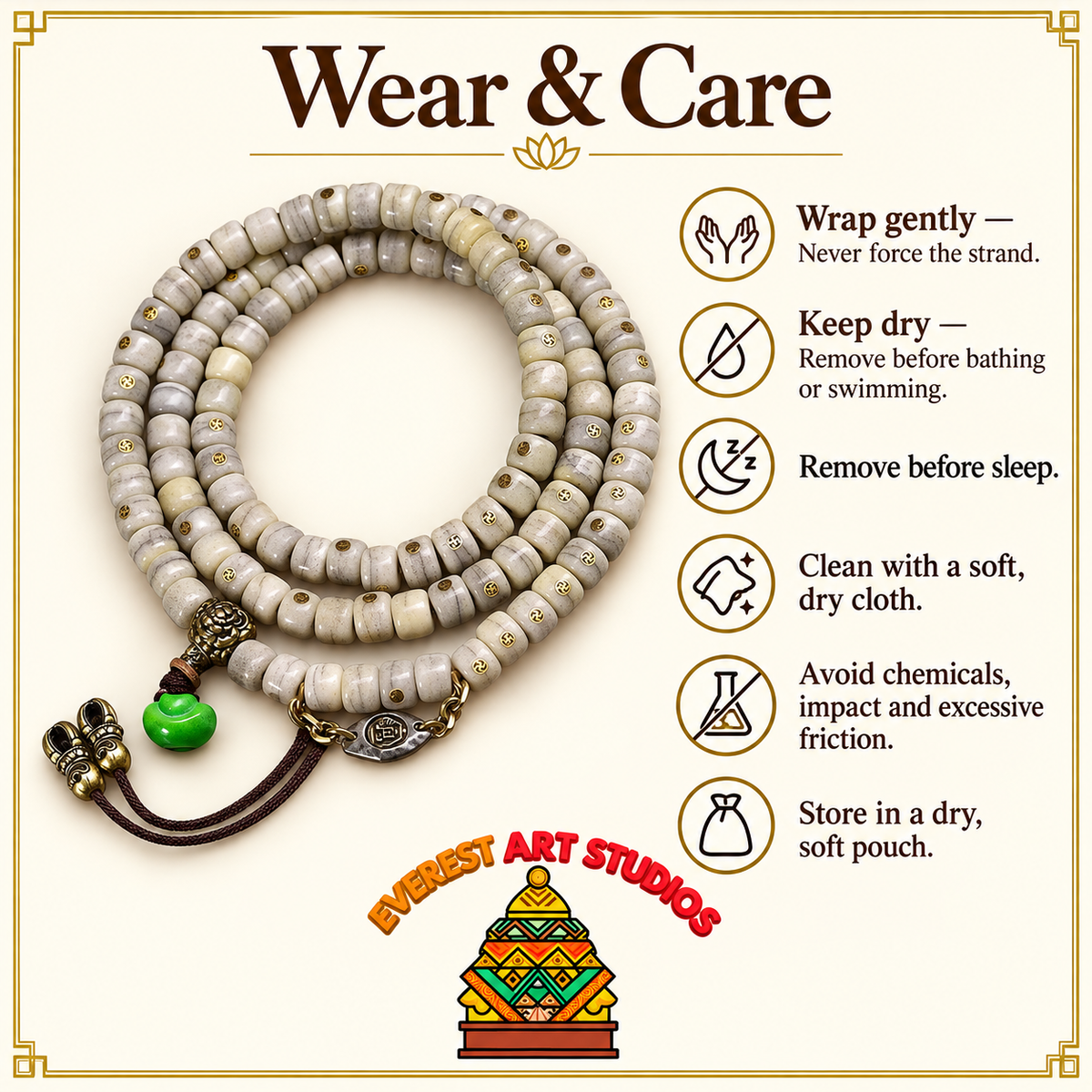 EverestArtstudios Vintage Yak Bone Antique Copper Auspicious Wan 108-Bead Mala — care