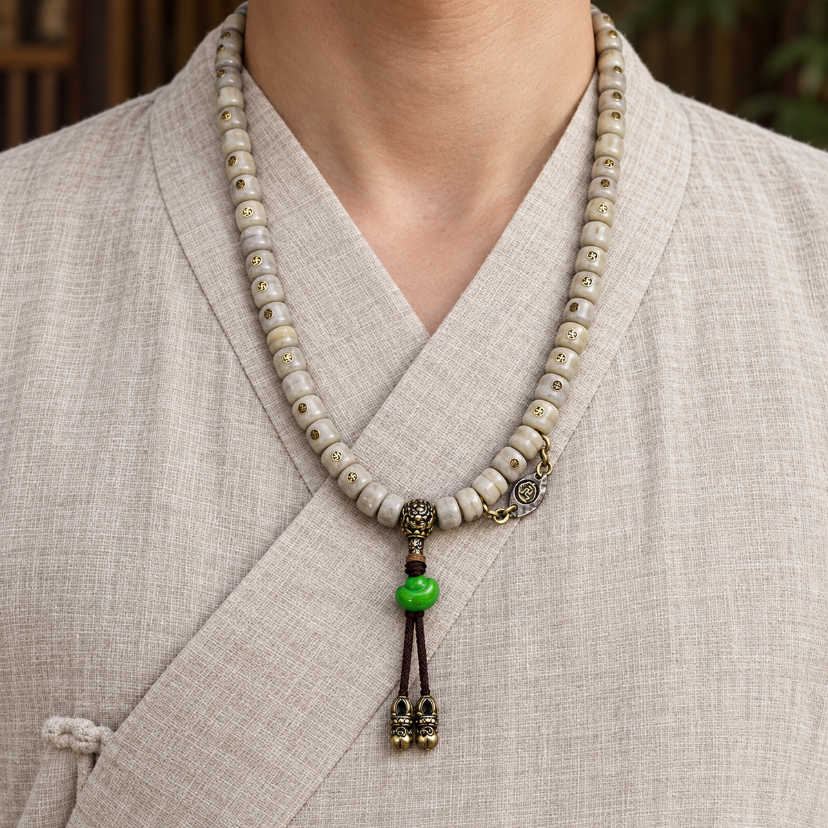 EverestArtstudios Vintage Yak Bone Antique Copper Auspicious Wan 108-Bead Mala — linen front