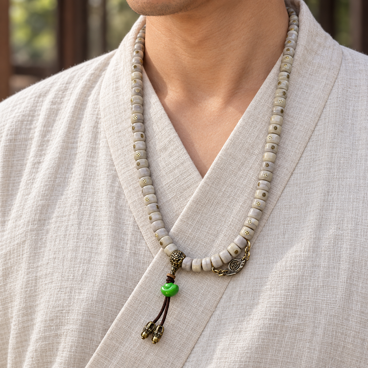 EverestArtstudios Vintage Yak Bone Antique Copper Auspicious Wan 108-Bead Mala — linen side