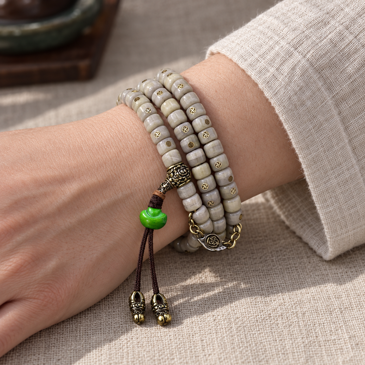EverestArtstudios Vintage Yak Bone Antique Copper Auspicious Wan 108-Bead Mala — wrist resting