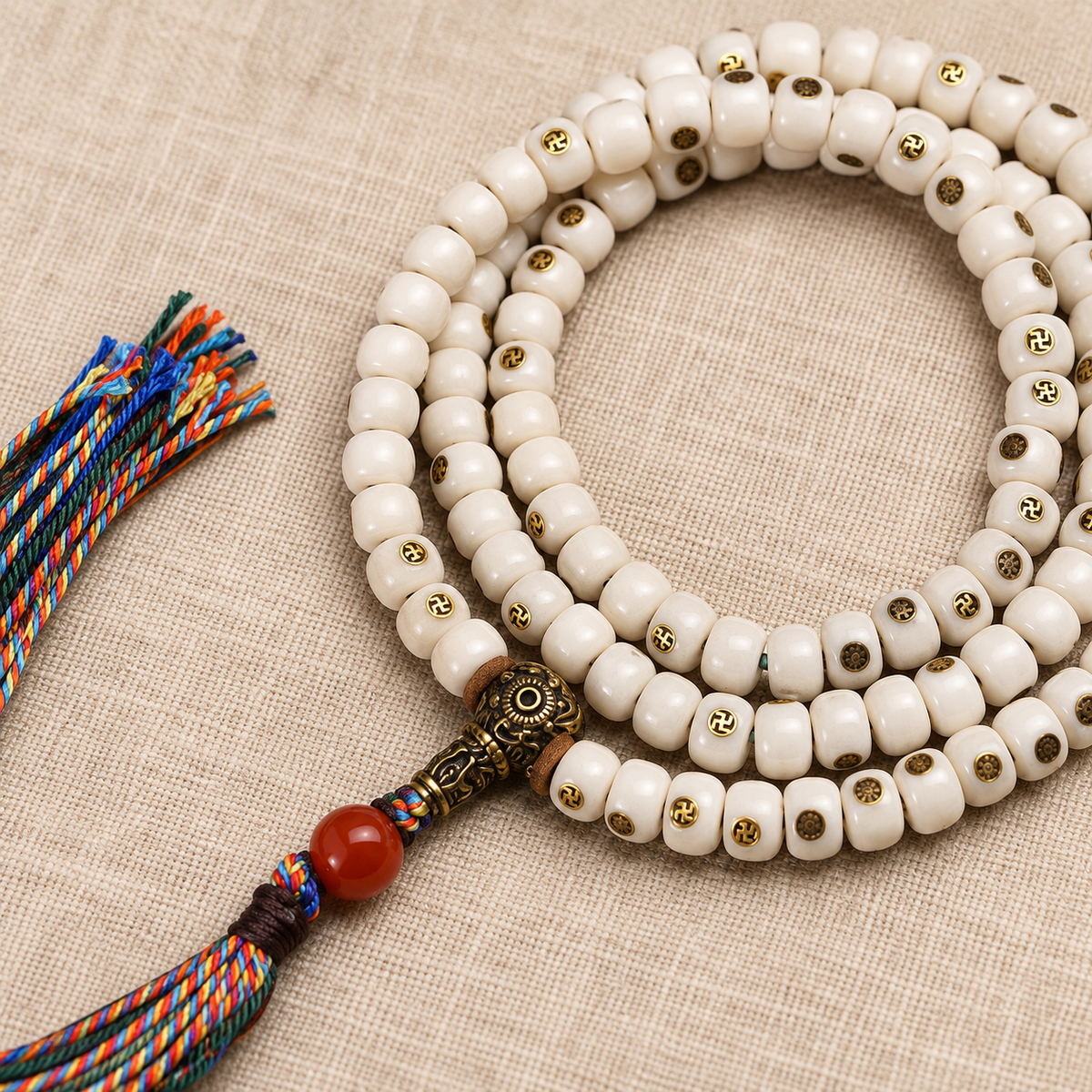 EverestArtstudios Natural Yak Bone Antique Copper Auspicious Wan 108-Bead Mala — accent detail