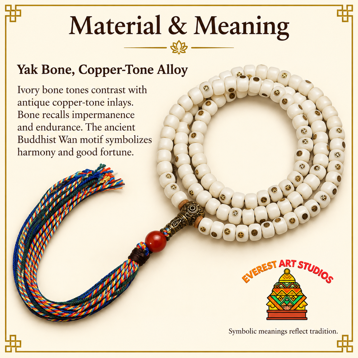 EverestArtstudios Natural Yak Bone Antique Copper Auspicious Wan 108-Bead Mala — materials meaning