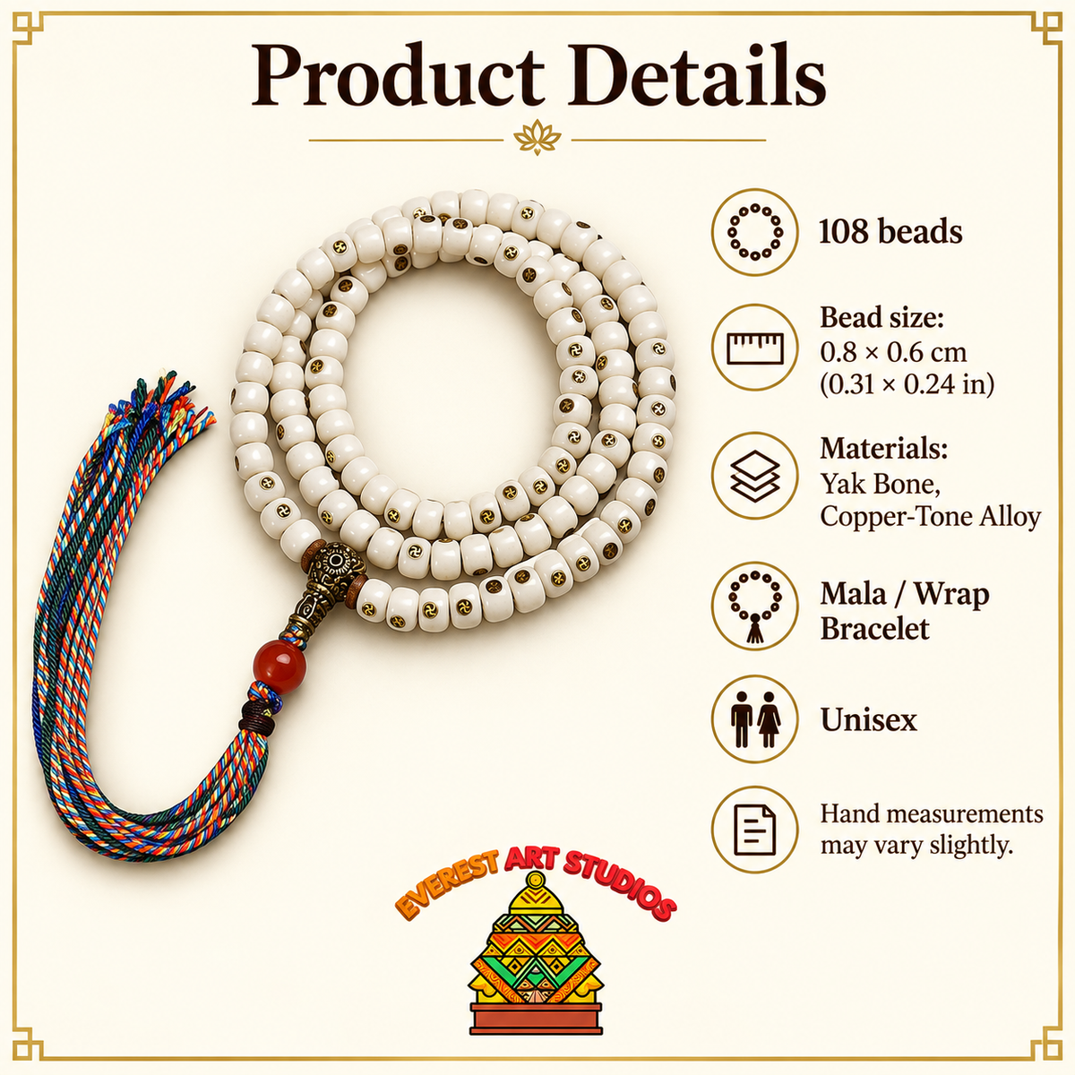 EverestArtstudios Natural Yak Bone Antique Copper Auspicious Wan 108-Bead Mala — specifications