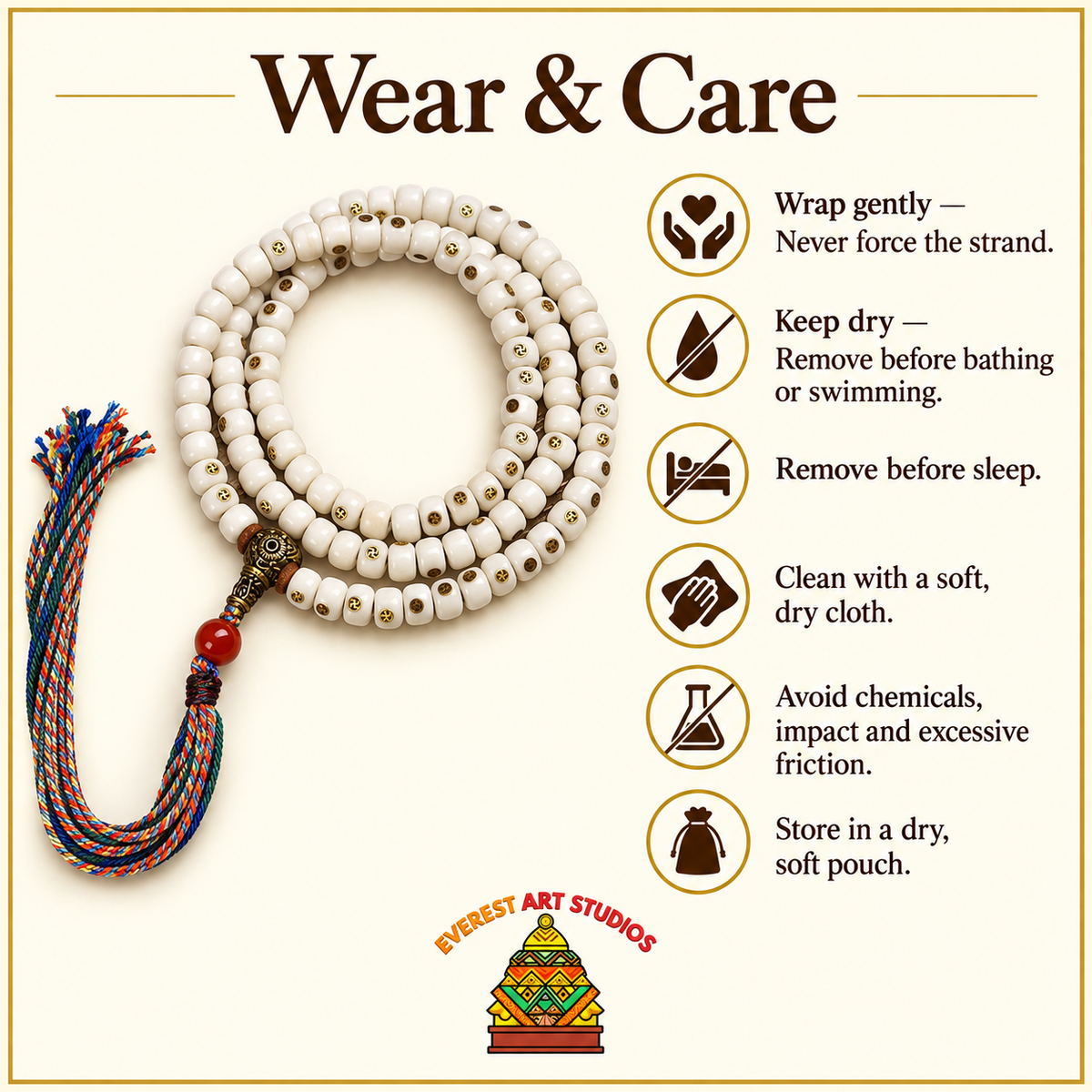EverestArtstudios Natural Yak Bone Antique Copper Auspicious Wan 108-Bead Mala — care