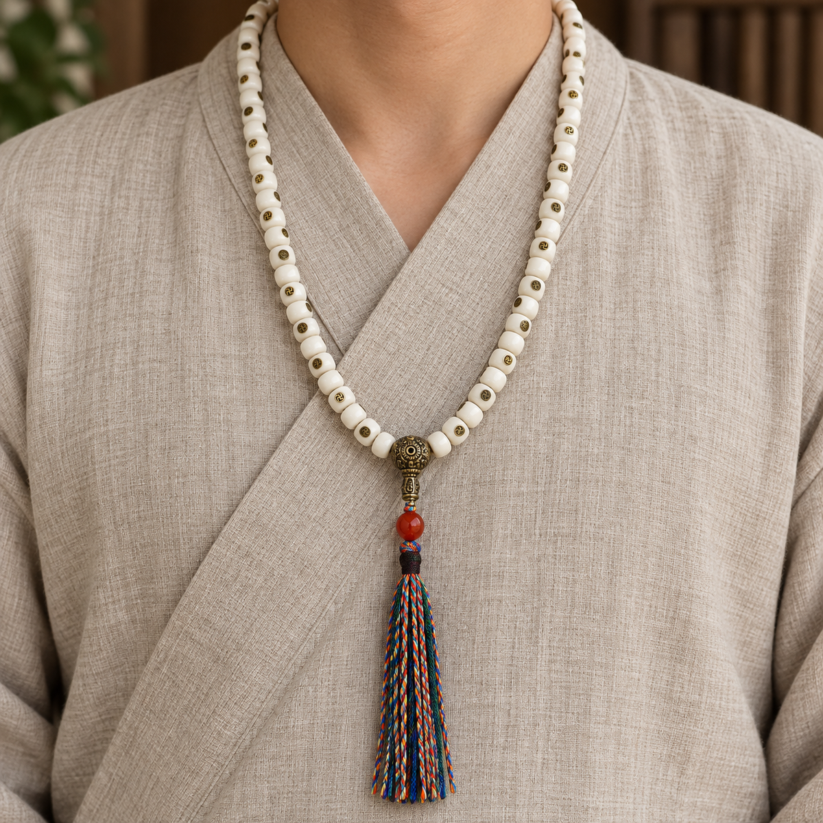 EverestArtstudios Natural Yak Bone Antique Copper Auspicious Wan 108-Bead Mala — linen front