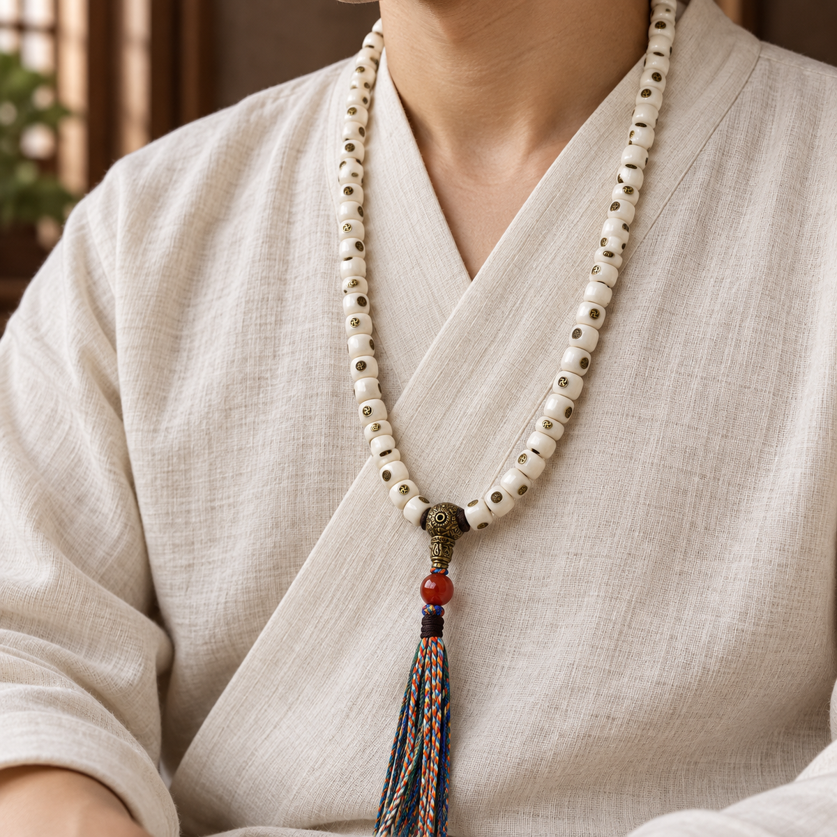 EverestArtstudios Natural Yak Bone Antique Copper Auspicious Wan 108-Bead Mala — linen side