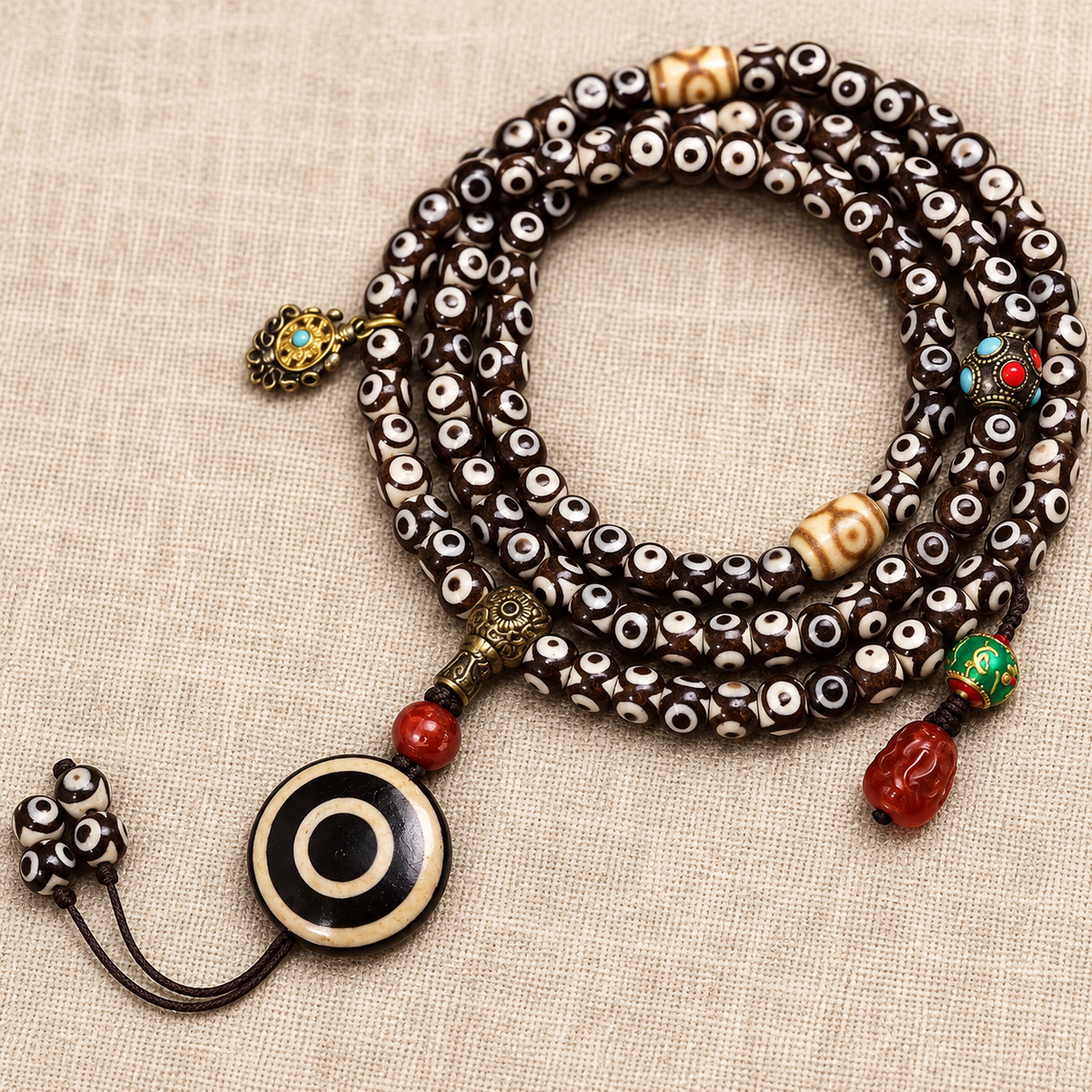 EverestArtstudios Natural Three-Eye Dzi and Red Agate 108-Bead Tibetan Mala — pendant detail