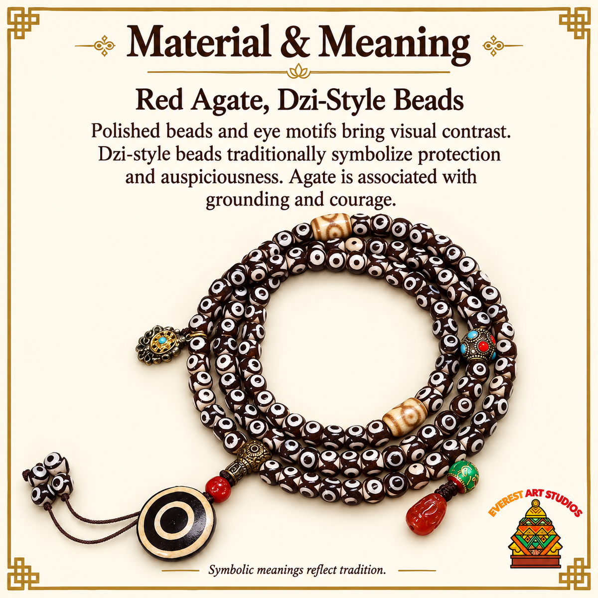 EverestArtstudios Natural Three-Eye Dzi and Red Agate 108-Bead Tibetan Mala — materials meaning