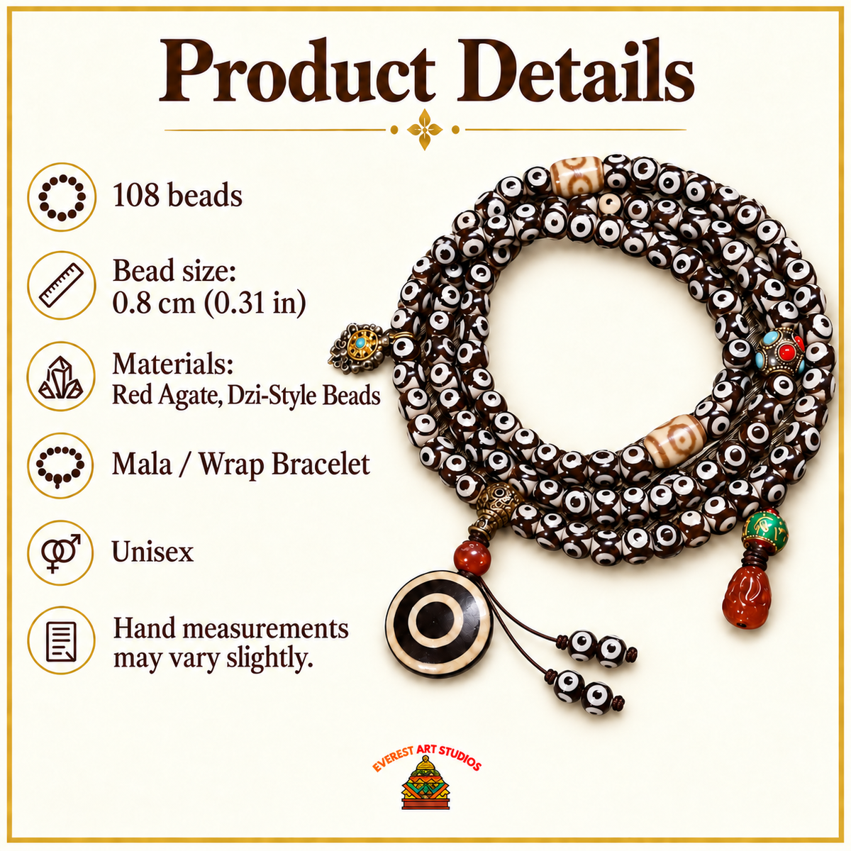 EverestArtstudios Natural Three-Eye Dzi and Red Agate 108-Bead Tibetan Mala — specifications