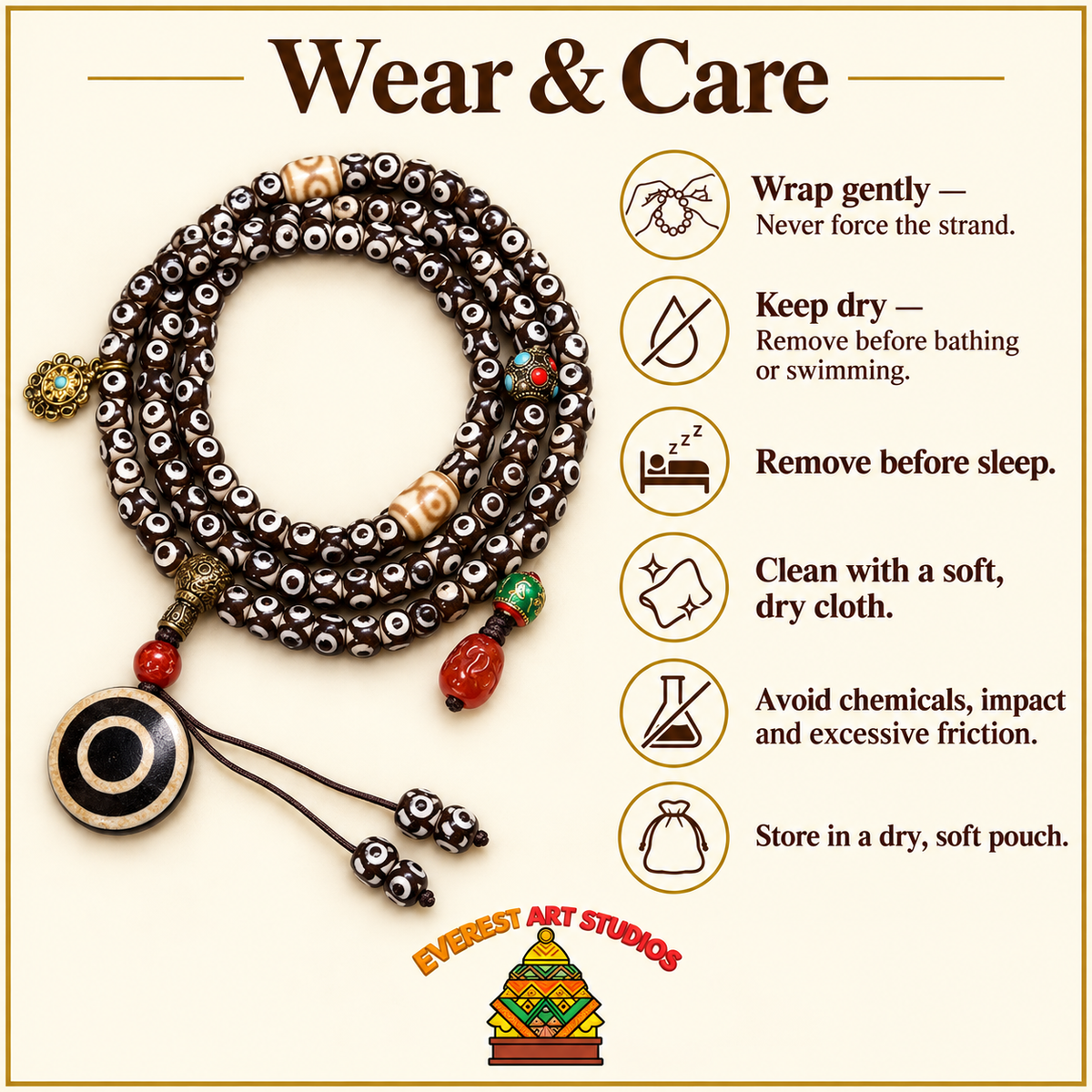 EverestArtstudios Natural Three-Eye Dzi and Red Agate 108-Bead Tibetan Mala — care