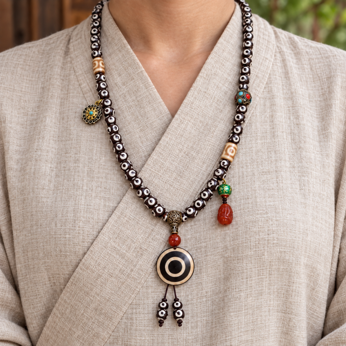 EverestArtstudios Natural Three-Eye Dzi and Red Agate 108-Bead Tibetan Mala — linen front