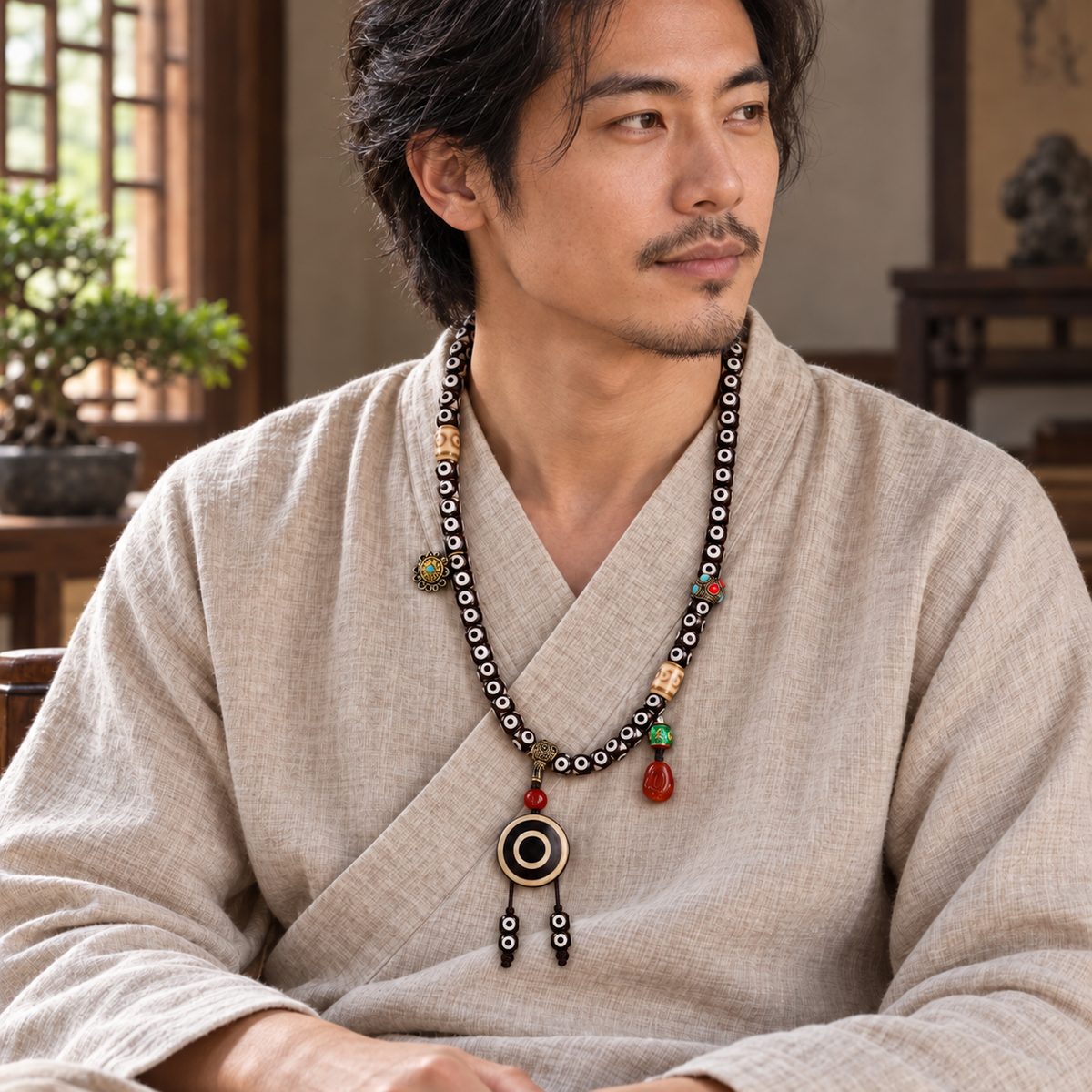 EverestArtstudios Natural Three-Eye Dzi and Red Agate 108-Bead Tibetan Mala — linen seated