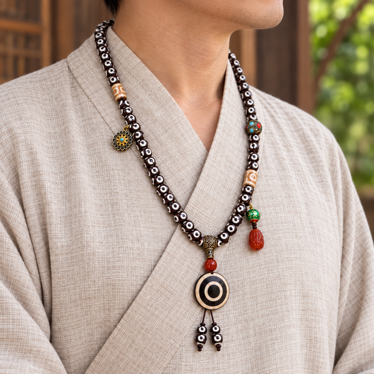 EverestArtstudios Natural Three-Eye Dzi and Red Agate 108-Bead Tibetan Mala — linen side