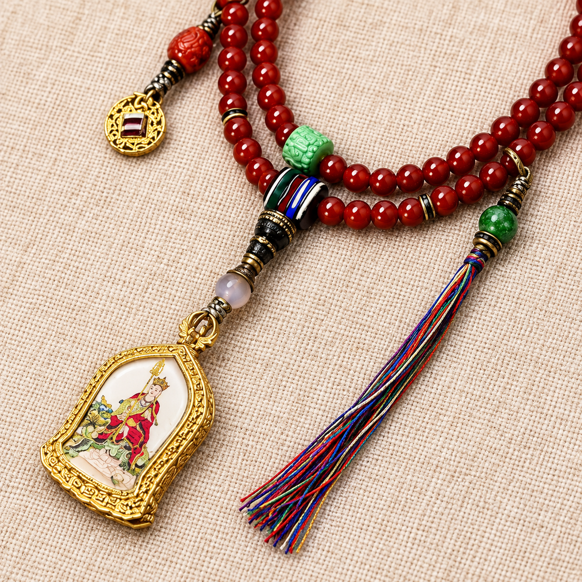 EverestArtstudios Red Agate 108-Bead Mala with Ksitigarbha Pendant — pendant detail