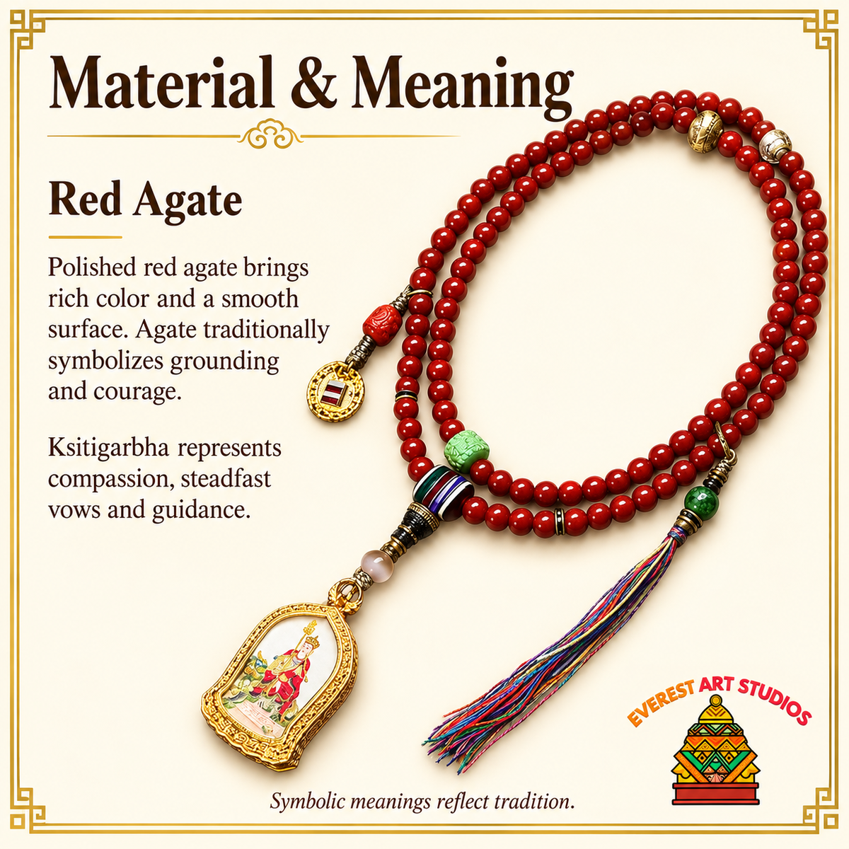 EverestArtstudios Red Agate 108-Bead Mala with Ksitigarbha Pendant — materials meaning