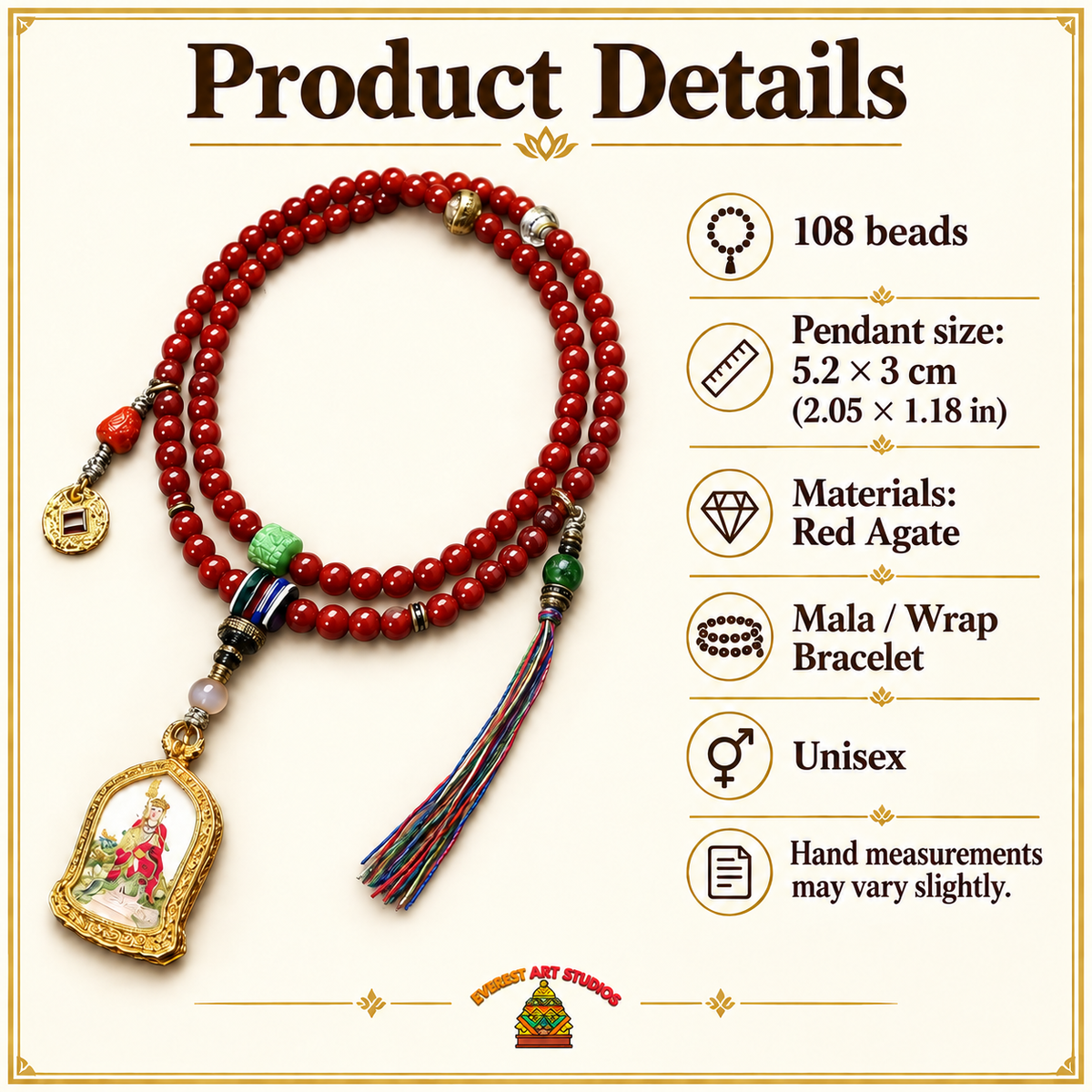 EverestArtstudios Red Agate 108-Bead Mala with Ksitigarbha Pendant — specifications