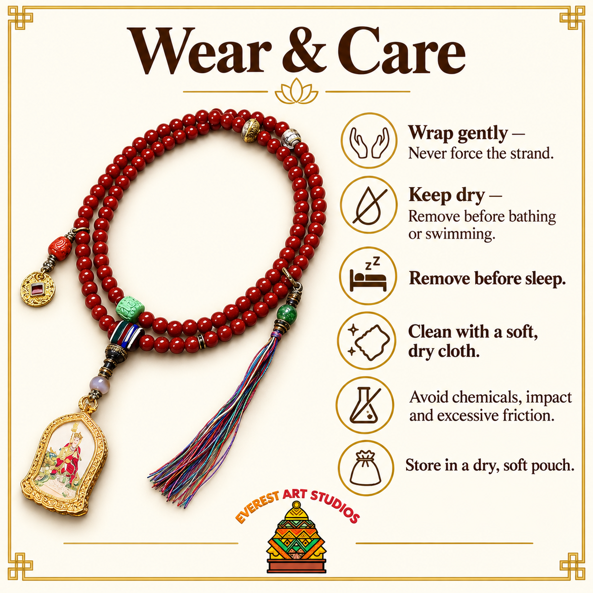 EverestArtstudios Red Agate 108-Bead Mala with Ksitigarbha Pendant — care