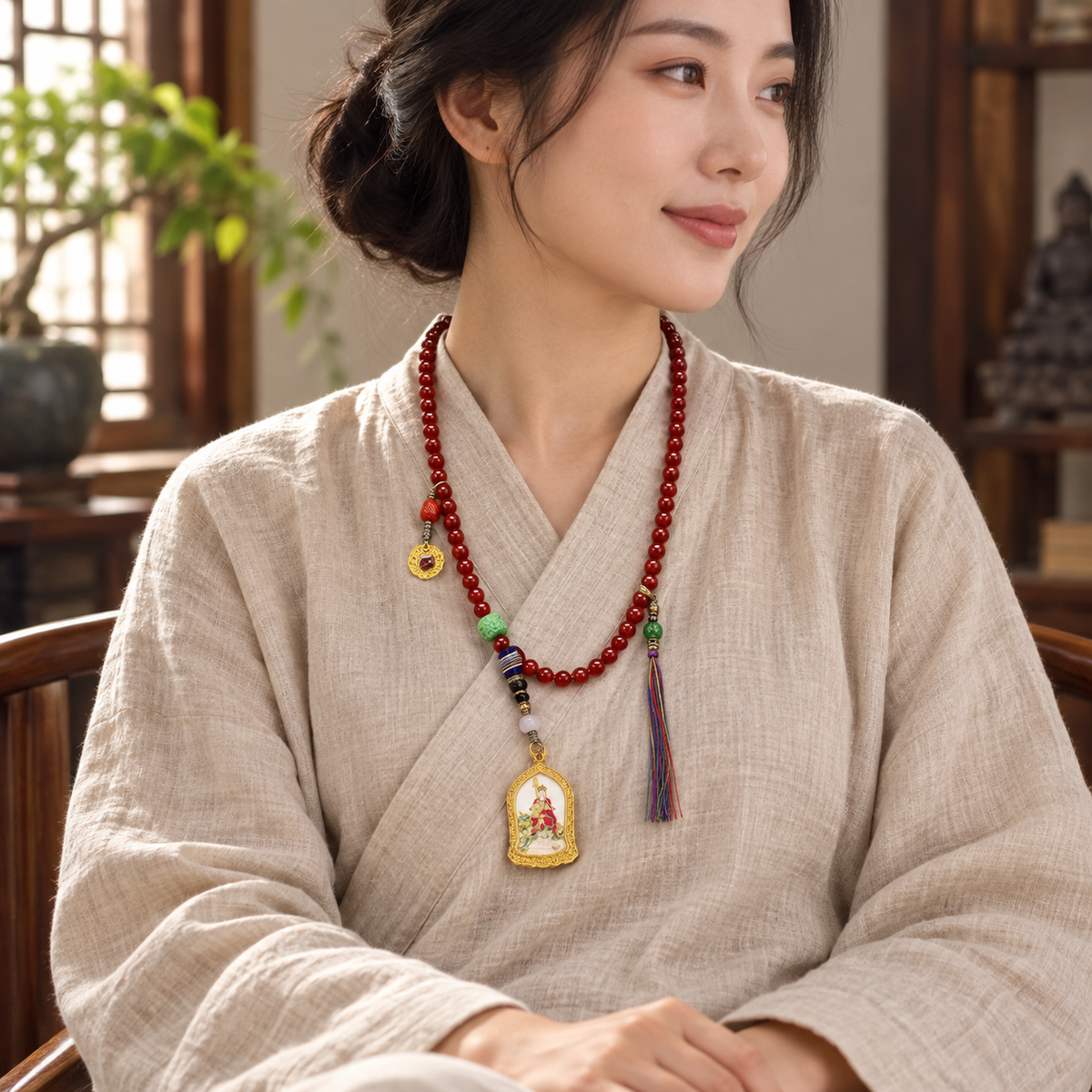 EverestArtstudios Red Agate 108-Bead Mala with Ksitigarbha Pendant — linen seated