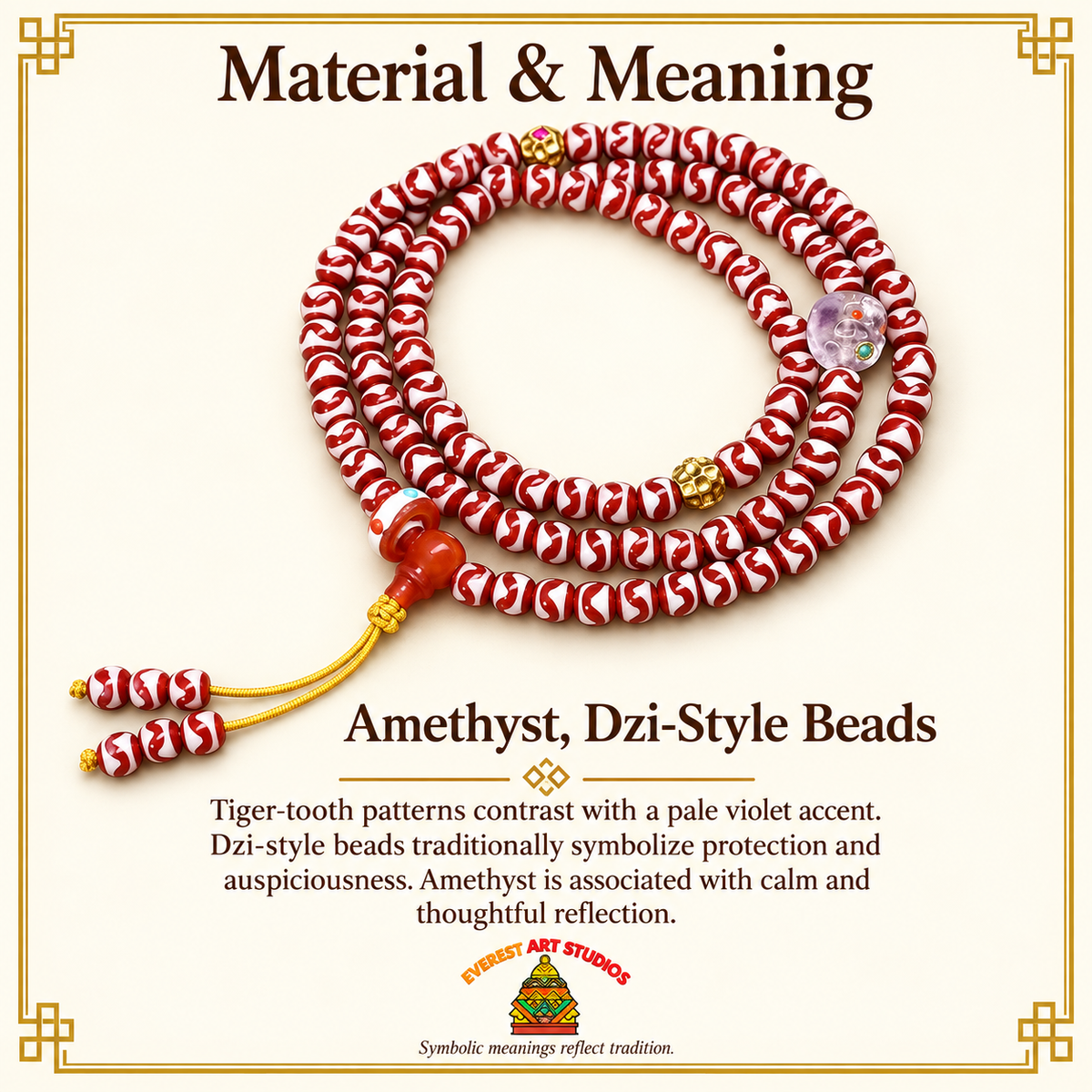 Tiger-Tooth Dzi and Amethyst Mala — materials meaning