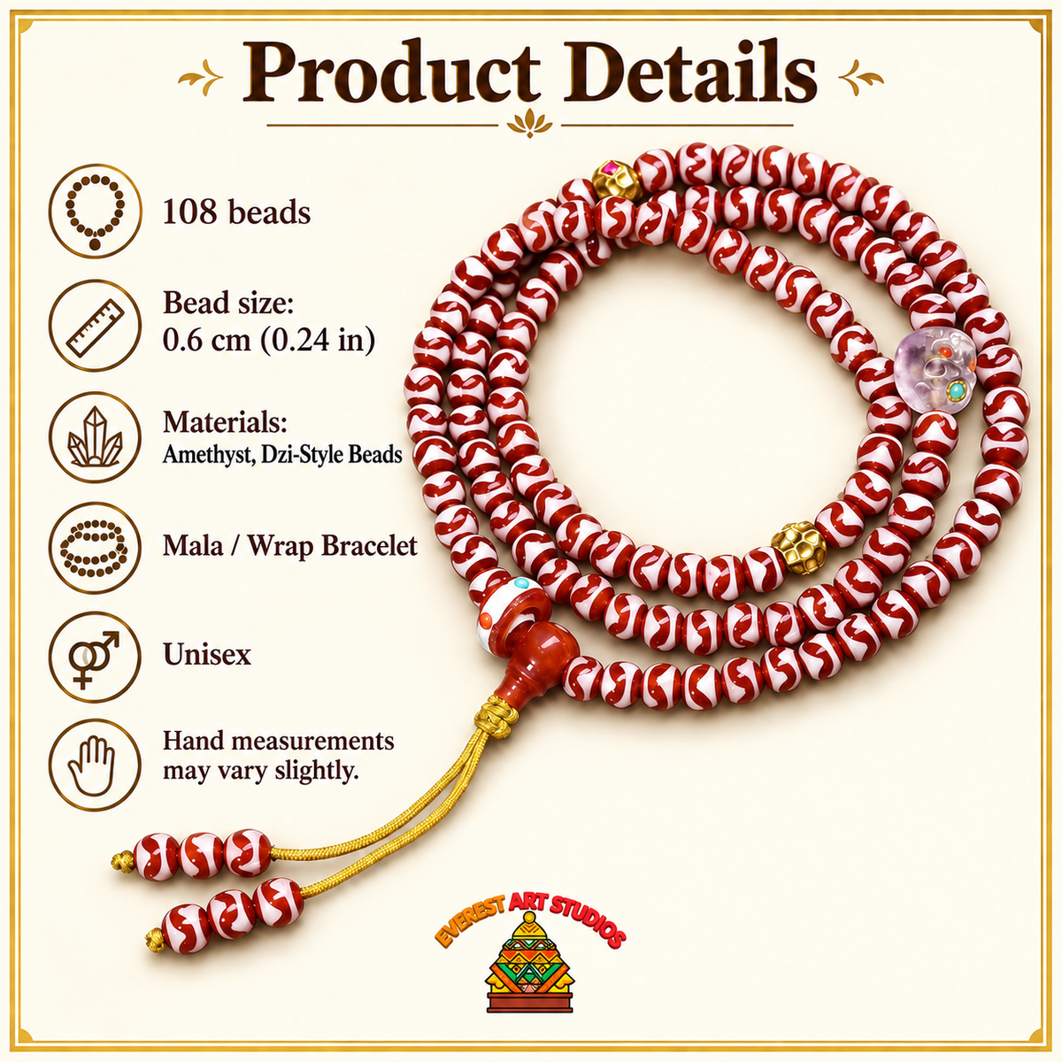 Tiger-Tooth Dzi and Amethyst Mala — specifications