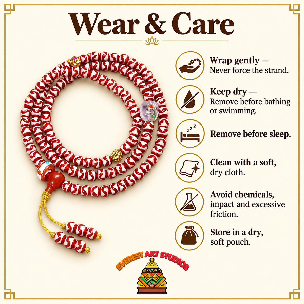Tiger-Tooth Dzi and Amethyst Mala — care