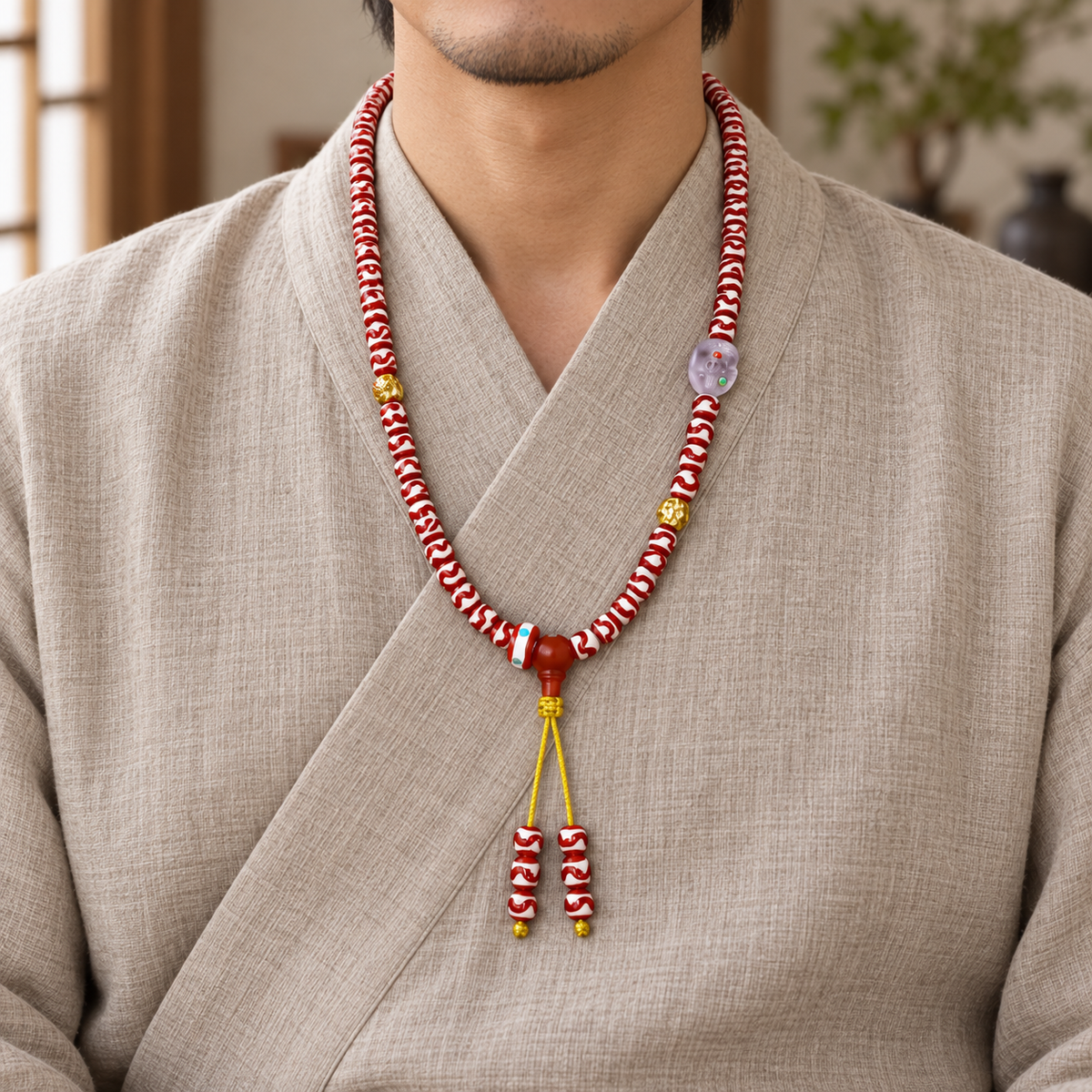 Tiger-Tooth Dzi and Amethyst Mala — linen front