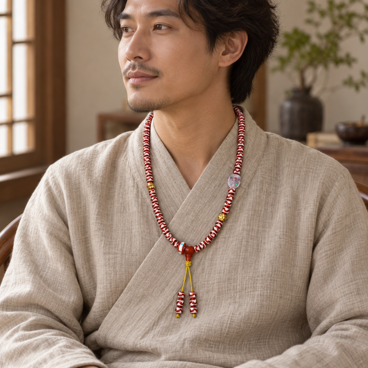 Tiger-Tooth Dzi and Amethyst Mala — linen seated