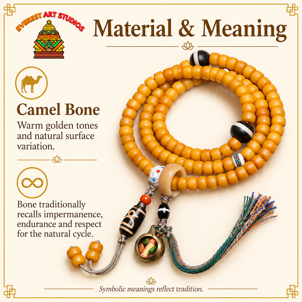 Golden-yellow camel bone 108-bead mala — materials meaning