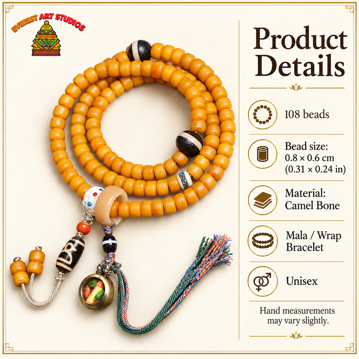 Golden-yellow camel bone 108-bead mala — specifications