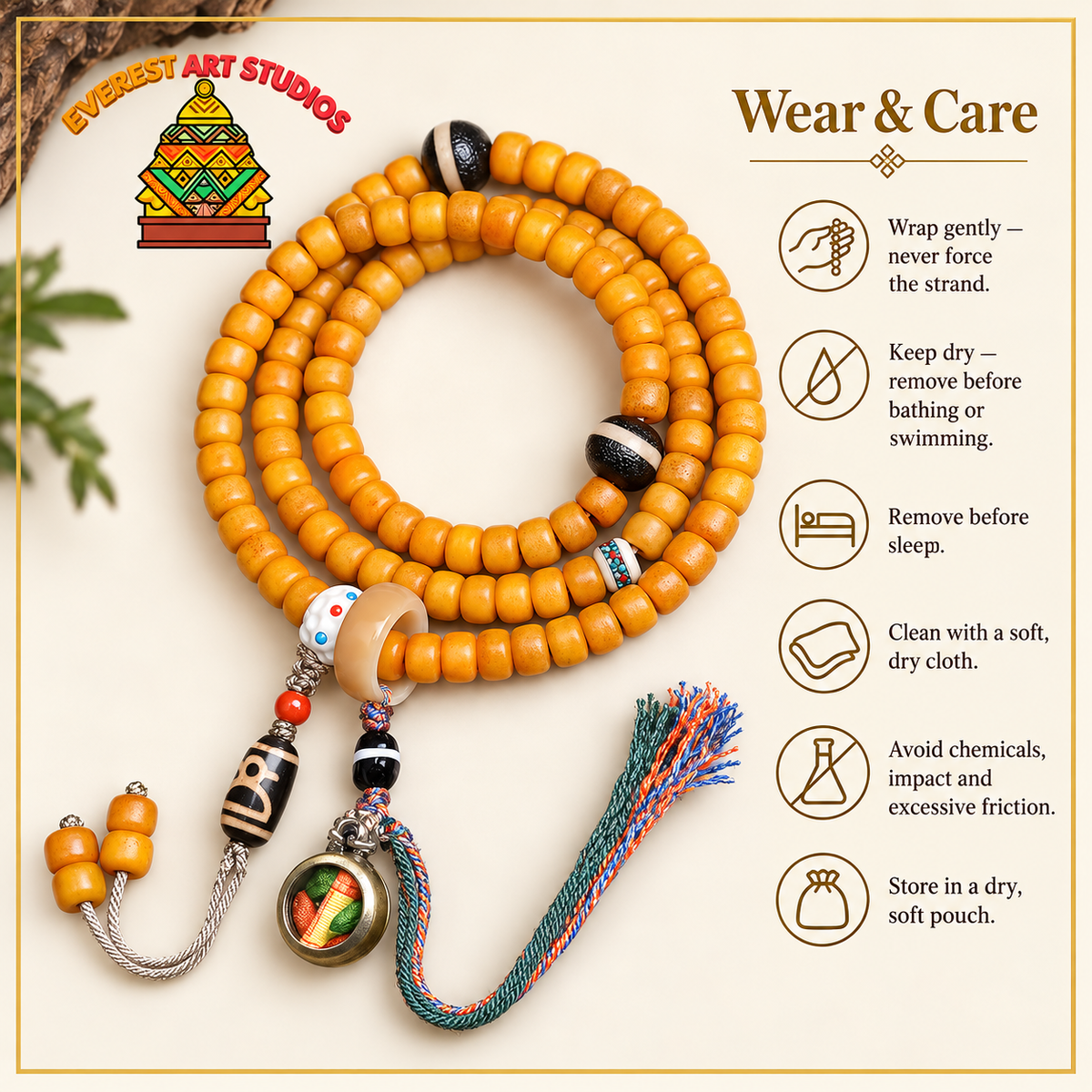 Golden-yellow camel bone 108-bead mala — care