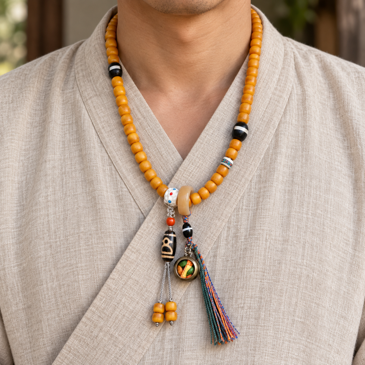 Golden-yellow camel bone 108-bead mala — linen seated