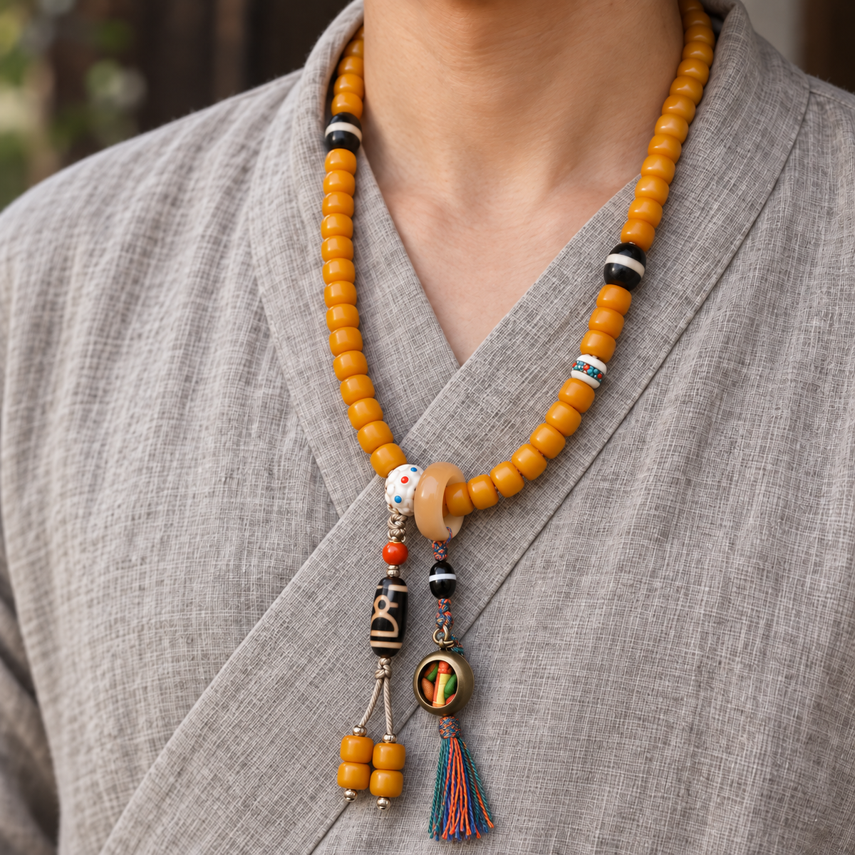 Golden-yellow camel bone 108-bead mala — linen side