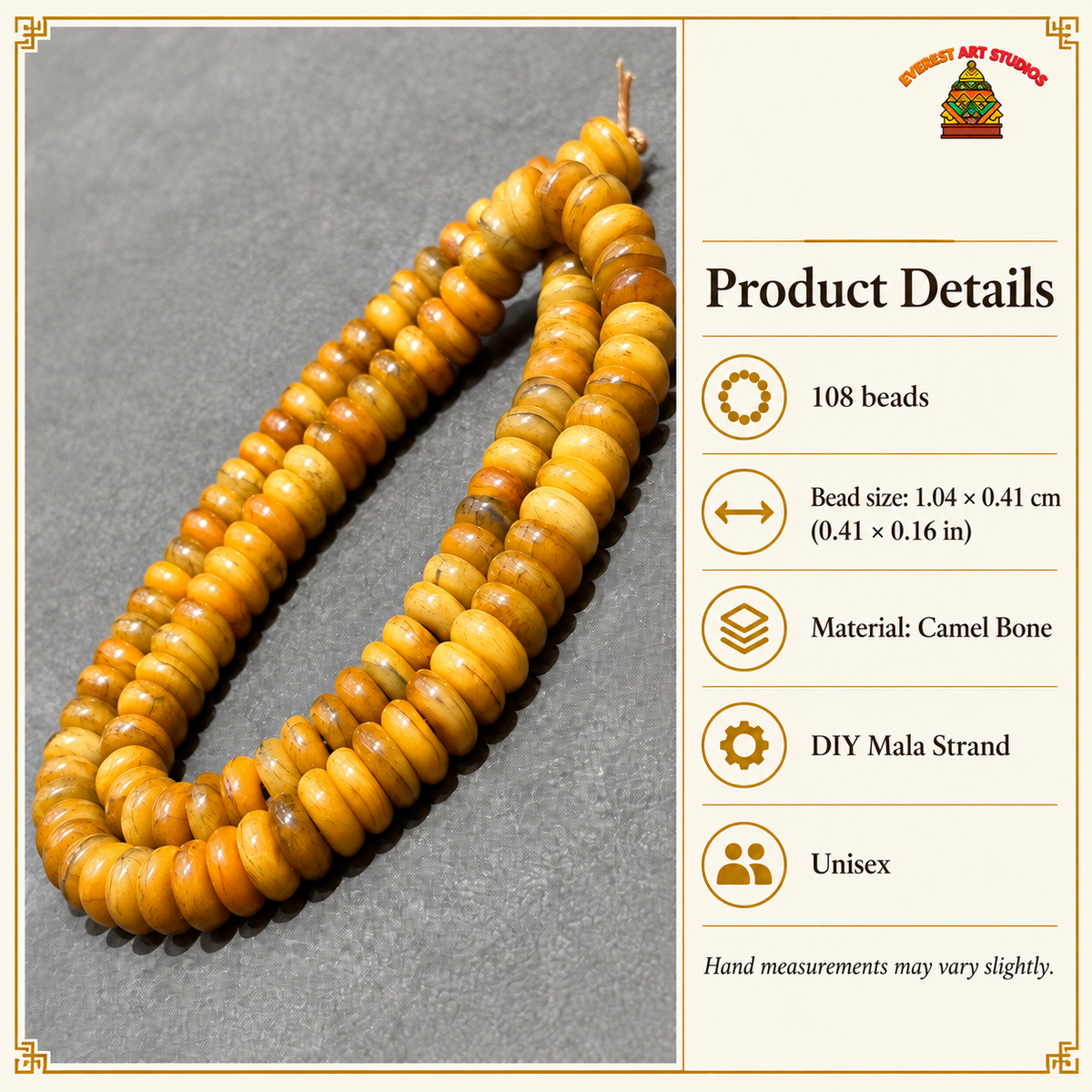 EverestArtstudios Natural Golden-Yellow Camel Bone 108-Bead DIY Mala Strand — specifications