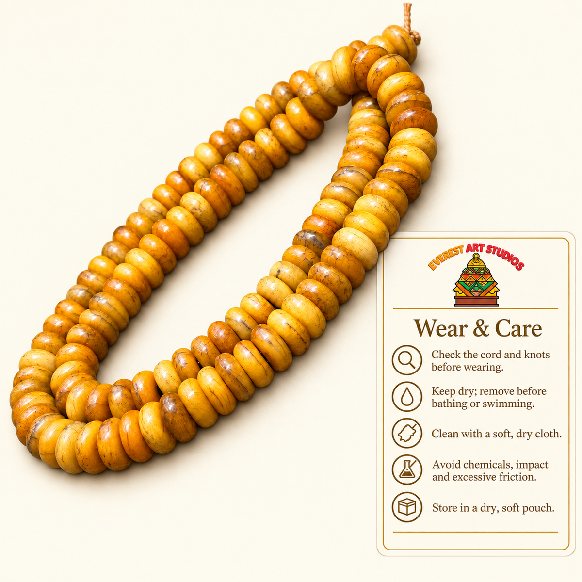 EverestArtstudios Natural Golden-Yellow Camel Bone 108-Bead DIY Mala Strand — care