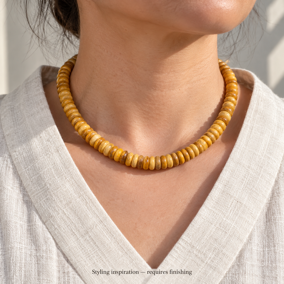EverestArtstudios Natural Golden-Yellow Camel Bone 108-Bead DIY Mala Strand — linen front