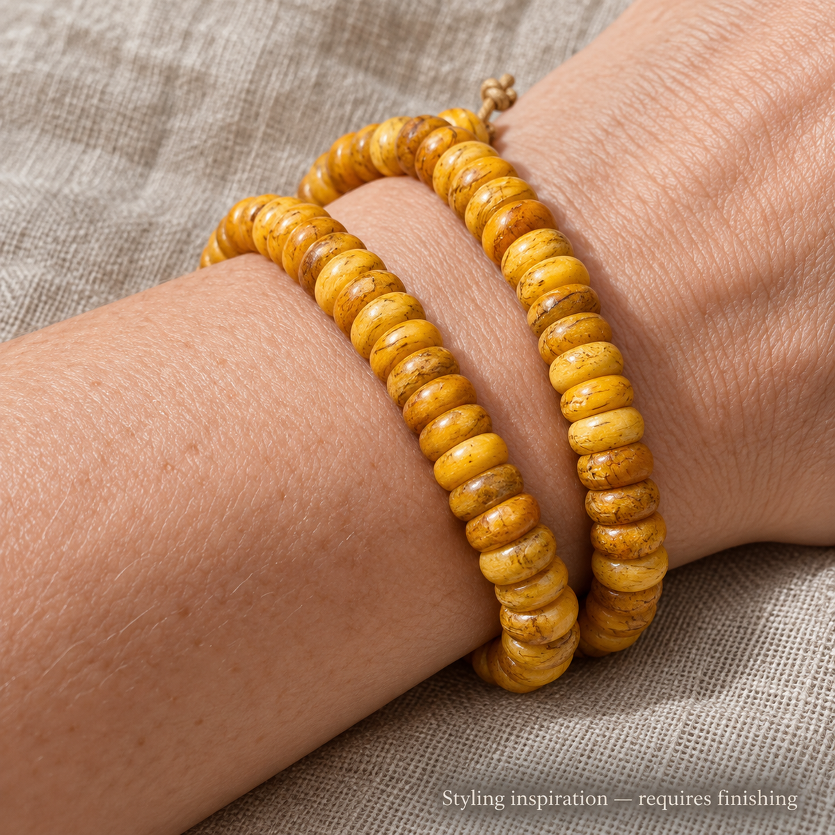 EverestArtstudios Natural Golden-Yellow Camel Bone 108-Bead DIY Mala Strand — wrist resting