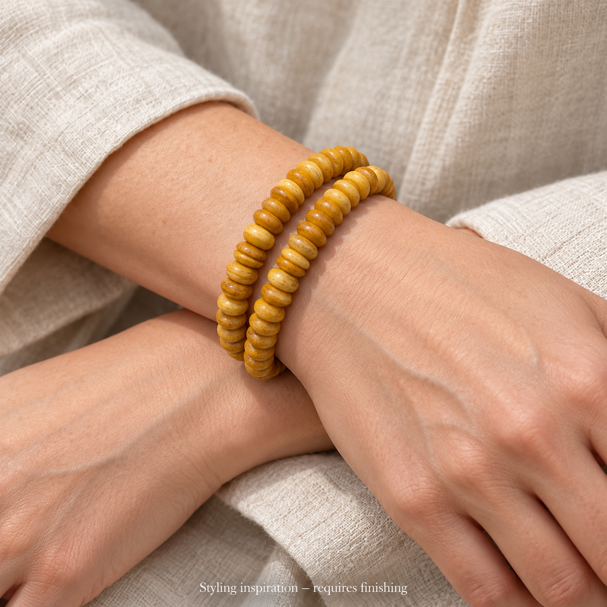 EverestArtstudios Natural Golden-Yellow Camel Bone 108-Bead DIY Mala Strand — wrist crossed