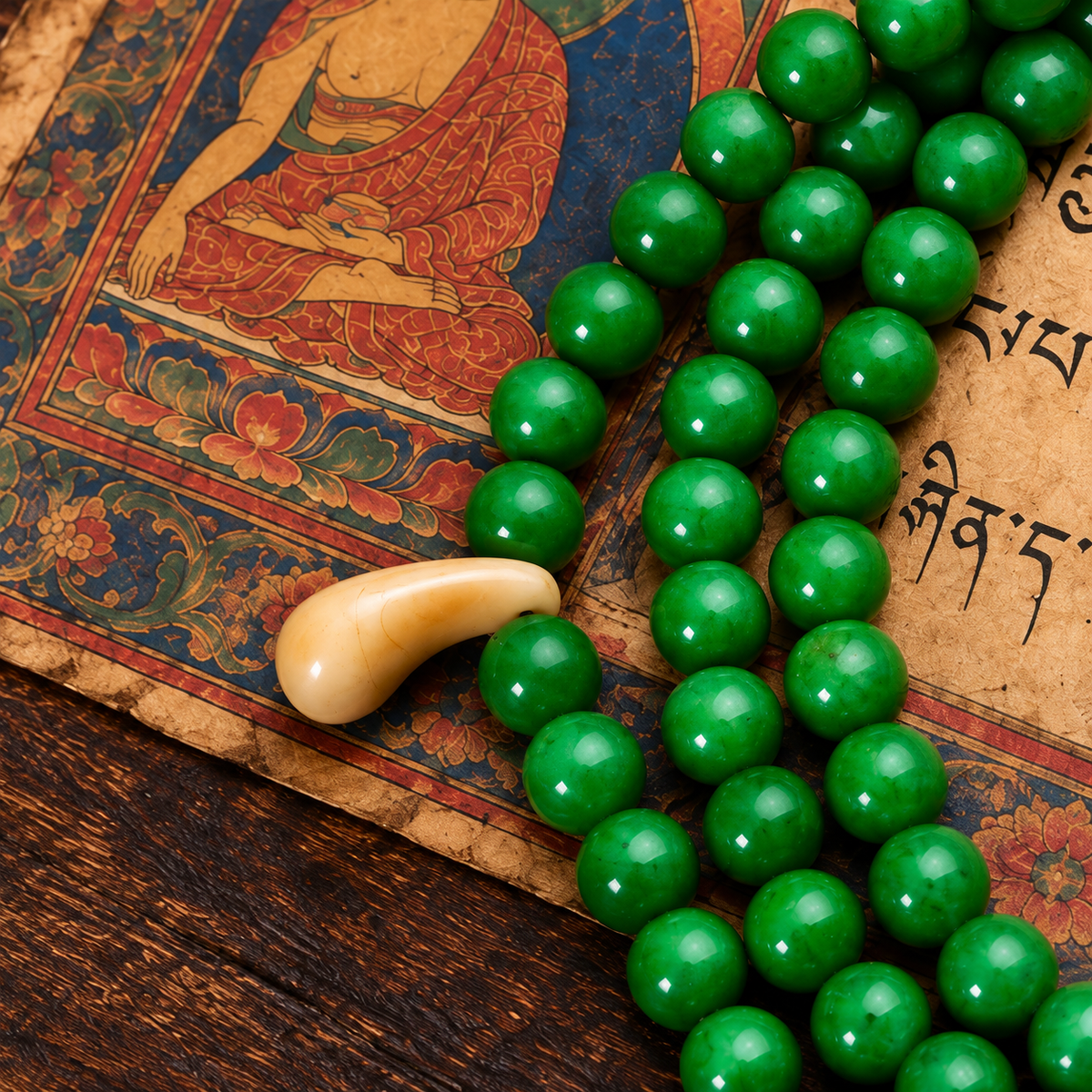 EverestArtstudios Tibetan Horn-Look 108-Bead Mala with Agate and Bone Accents — accent detail