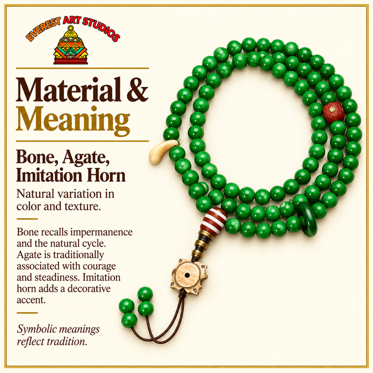 EverestArtstudios Tibetan Horn-Look 108-Bead Mala with Agate and Bone Accents — materials meaning