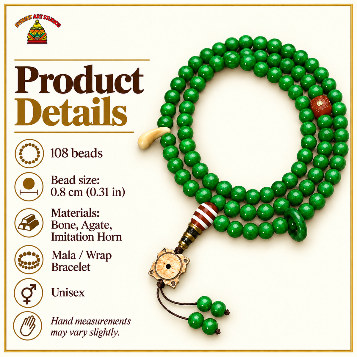 EverestArtstudios Tibetan Horn-Look 108-Bead Mala with Agate and Bone Accents — specifications