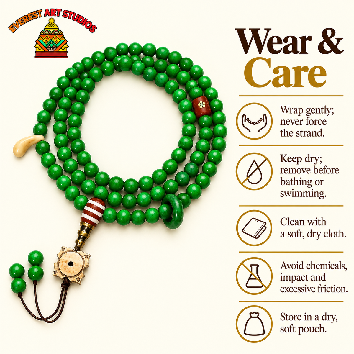 EverestArtstudios Tibetan Horn-Look 108-Bead Mala with Agate and Bone Accents — care