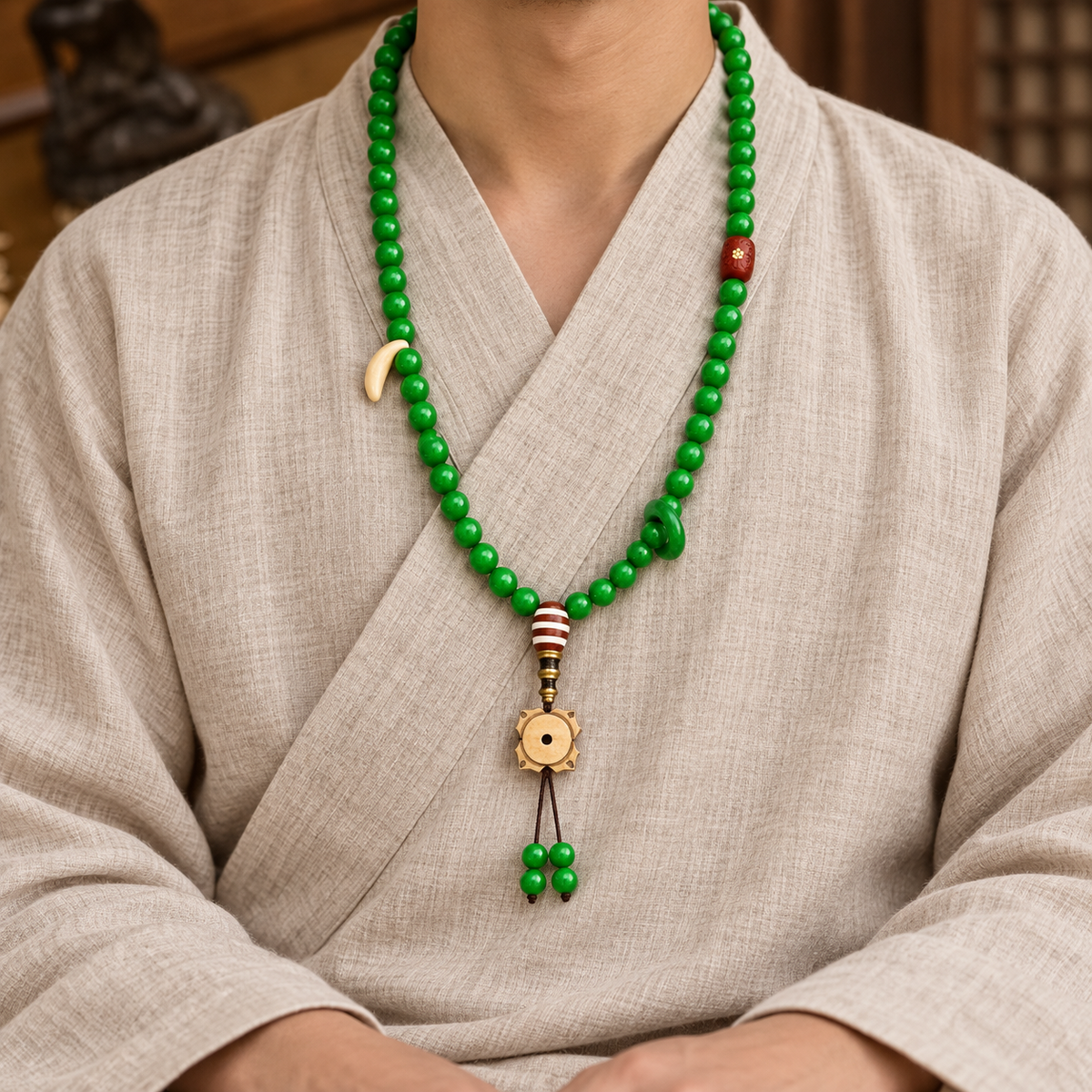 EverestArtstudios Tibetan Horn-Look 108-Bead Mala with Agate and Bone Accents — linen seated