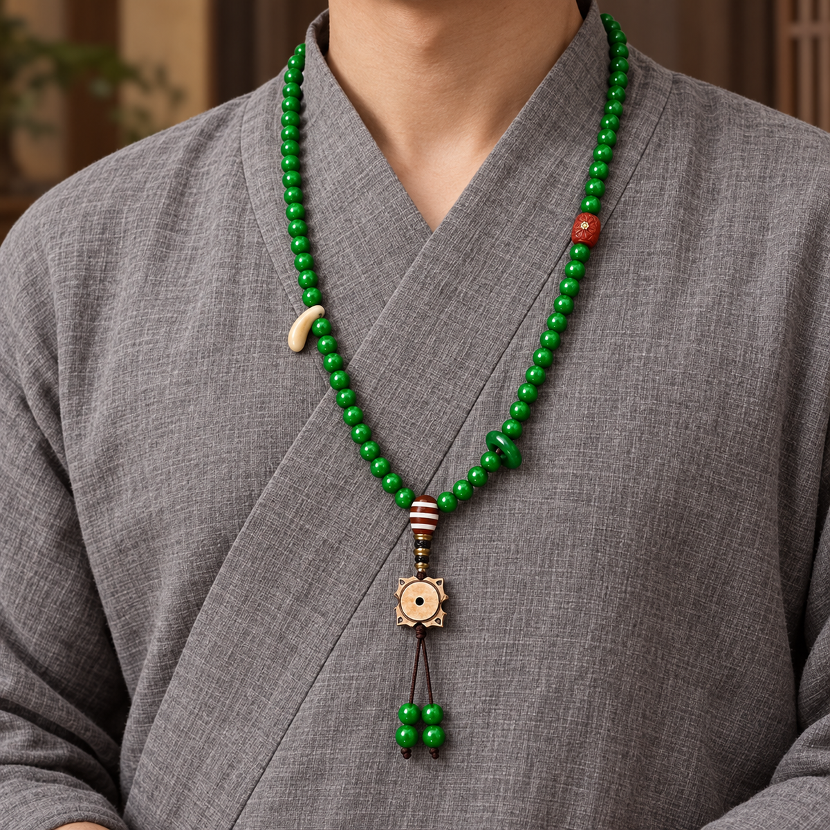 EverestArtstudios Tibetan Horn-Look 108-Bead Mala with Agate and Bone Accents — linen side