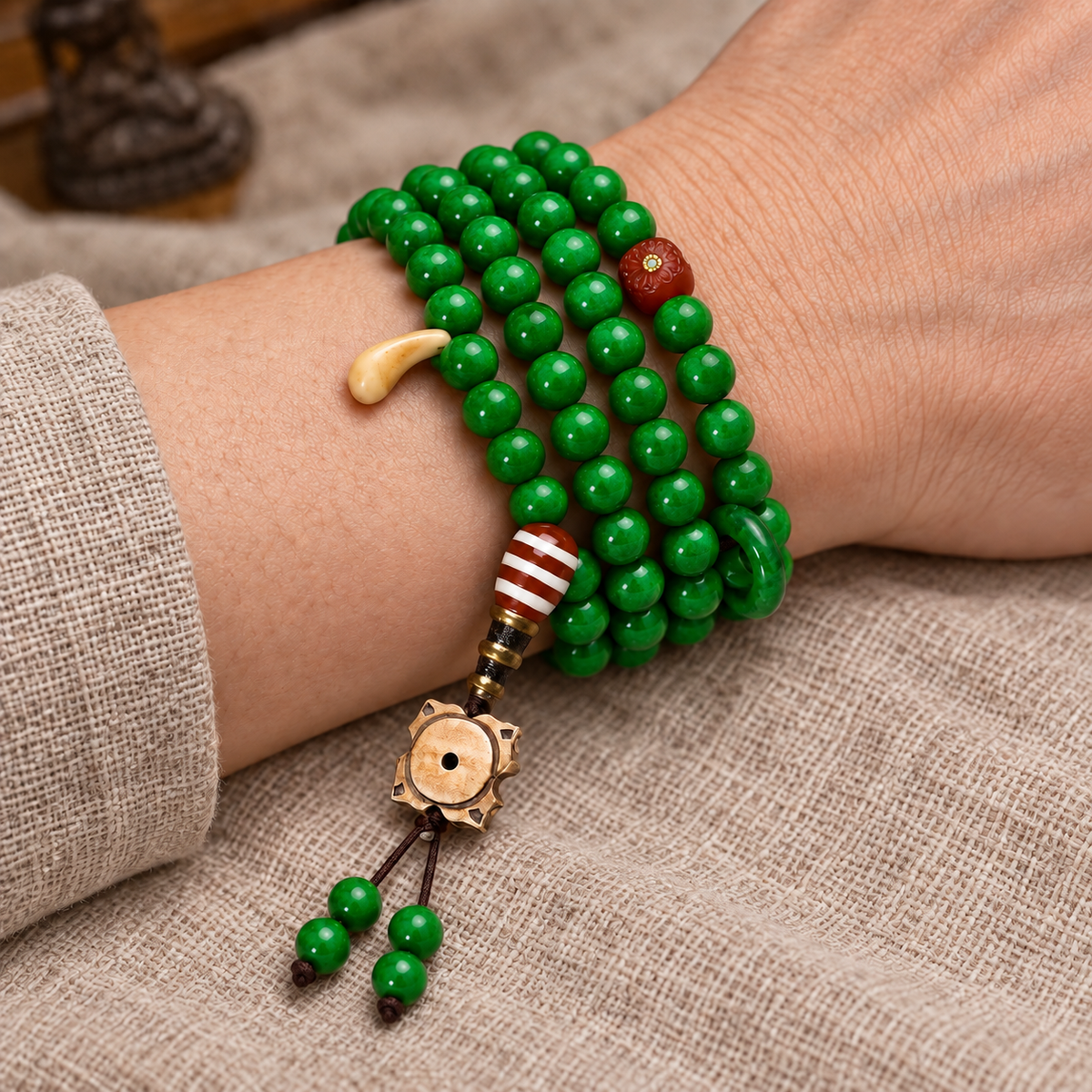 EverestArtstudios Tibetan Horn-Look 108-Bead Mala with Agate and Bone Accents — wrist resting