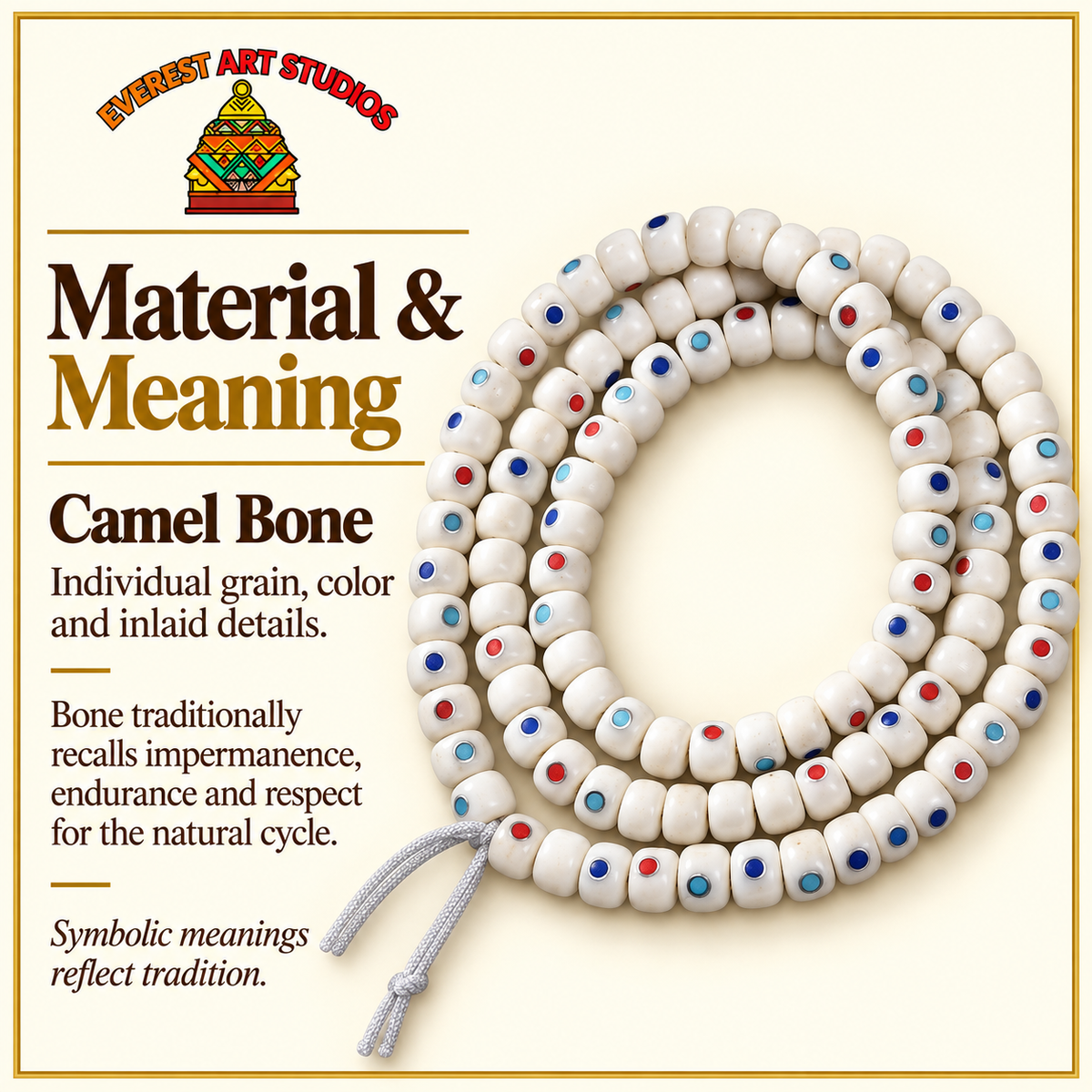 EverestArtstudios Camel Bone Inlaid Multi-Treasure or Auspicious Wan 108-Bead DIY Strand — materials meaning