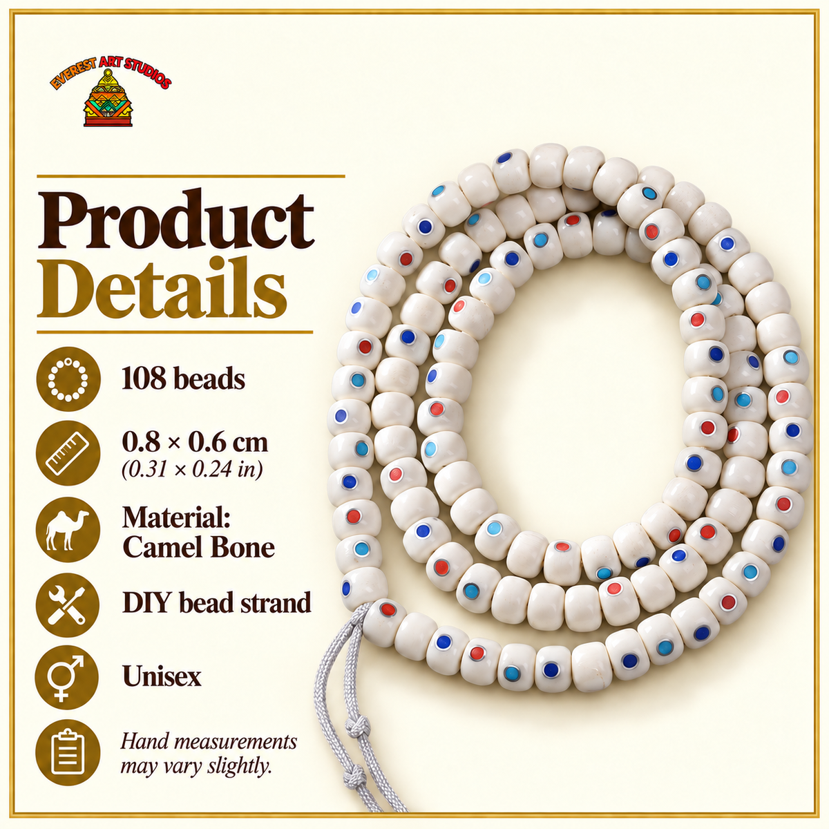 EverestArtstudios Camel Bone Inlaid Multi-Treasure or Auspicious Wan 108-Bead DIY Strand — specifications